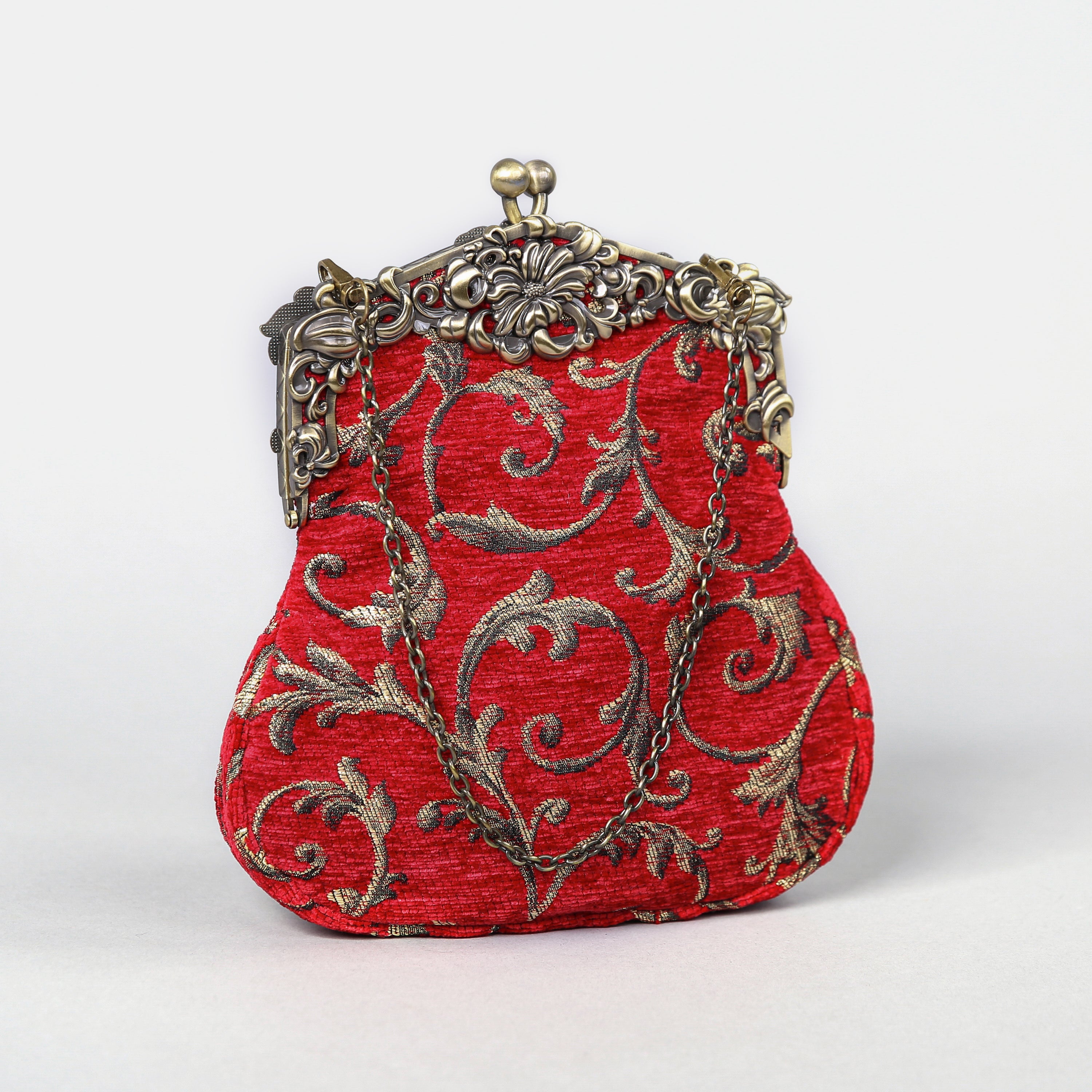 Vintage Scroll Red Chatelaine Purse Large carpet bag of America main