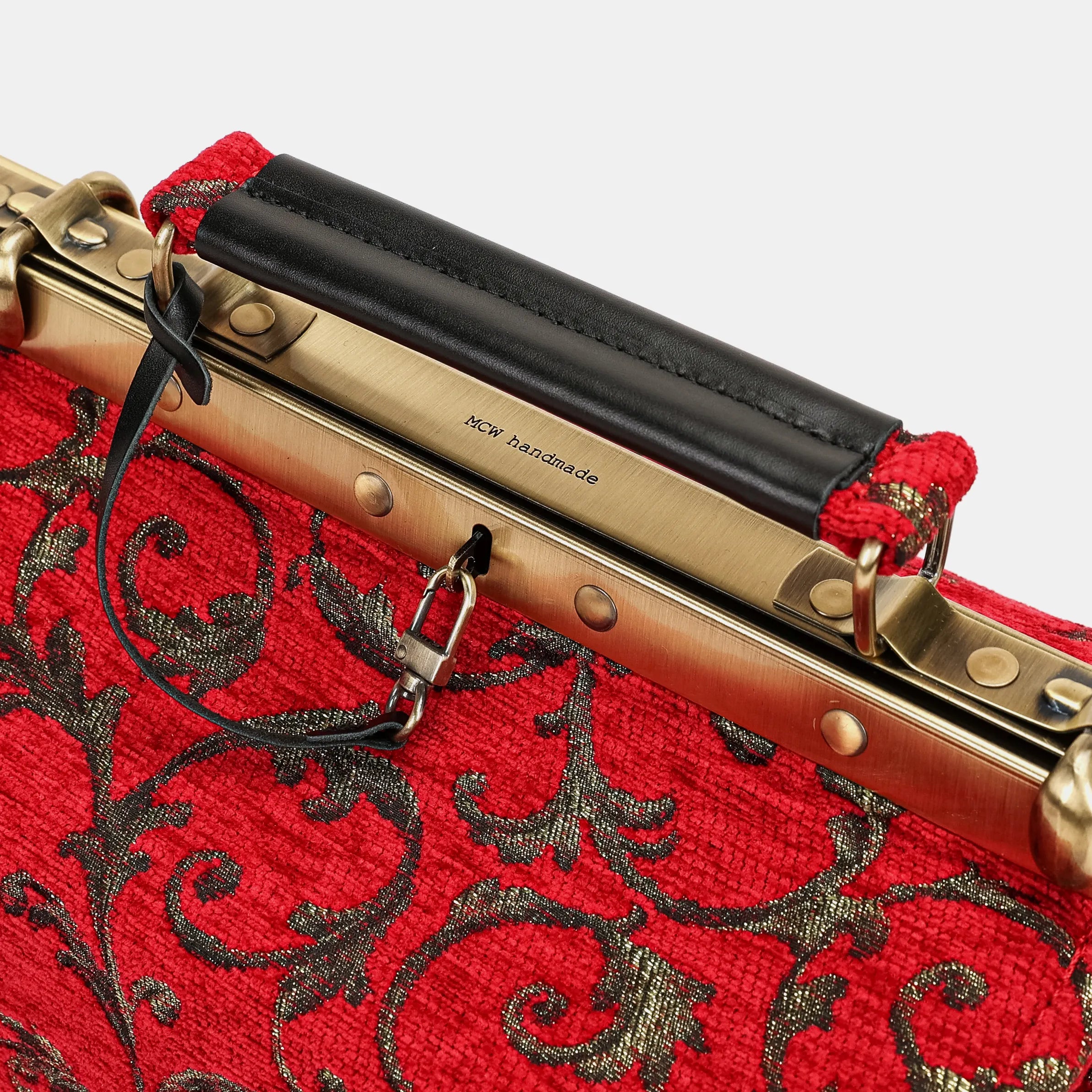 Vintage Scroll Red Vivienne Carpet Purse Gladstone Bag of America logo