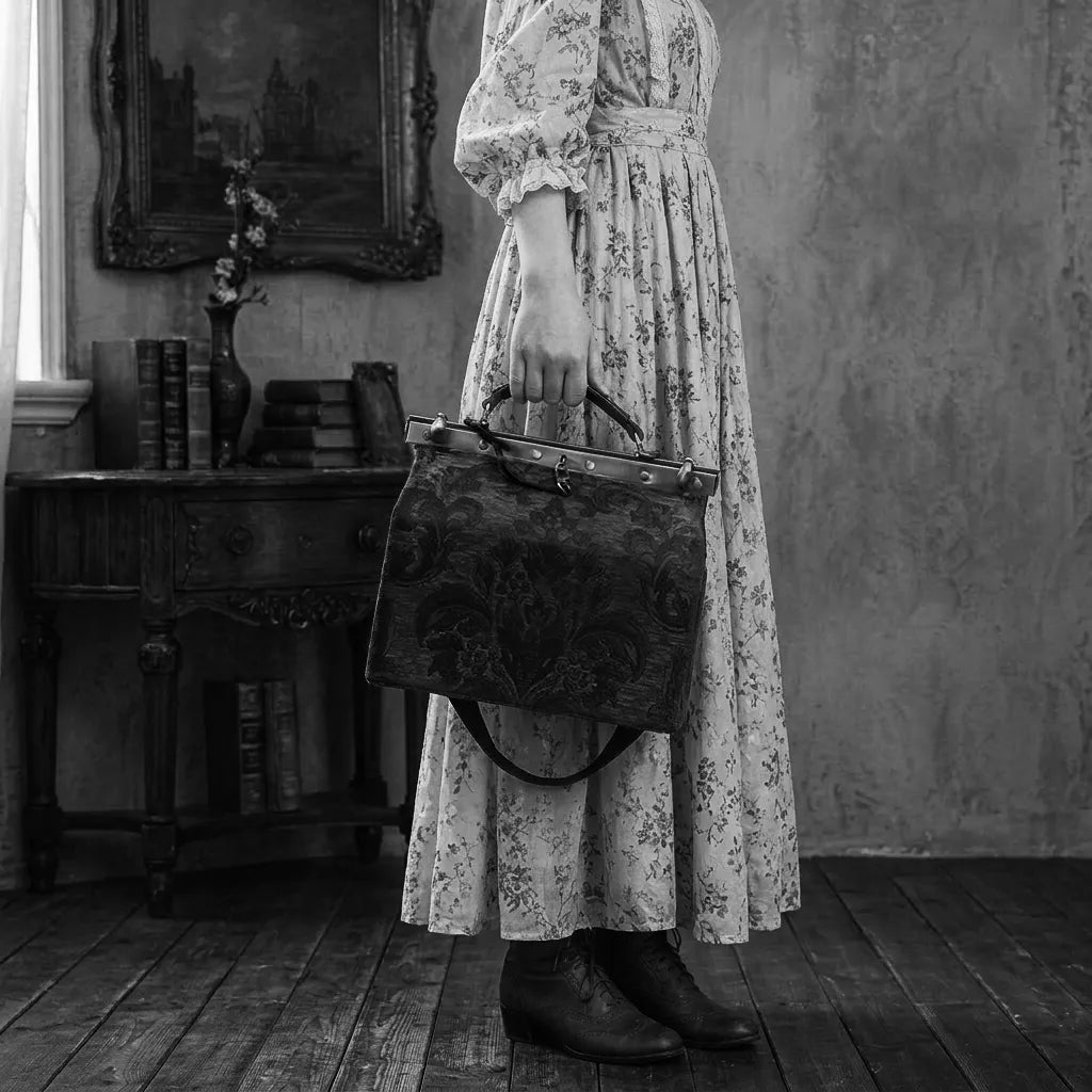 Person in a floral dress holding a vintage vivienne purse in a room with wooden furniture and a painting.