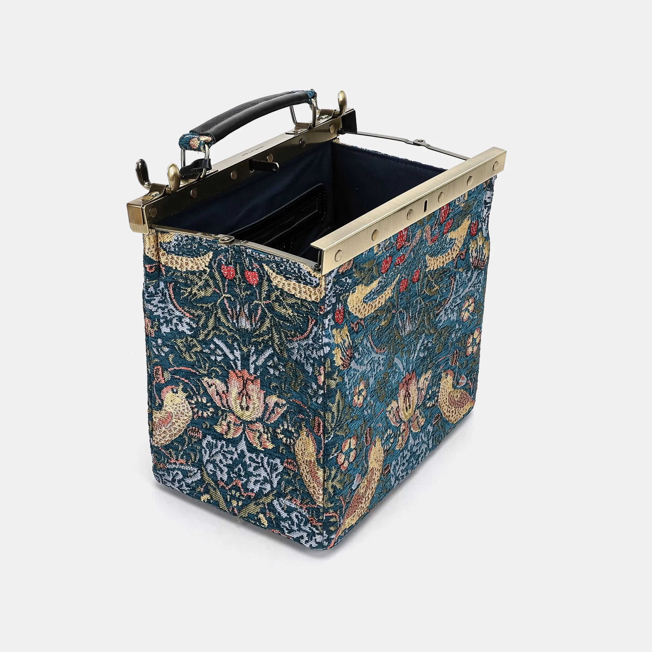 William Morris Strawberry Thief Cecile Carpet Purse Gladstone Bag open and stand