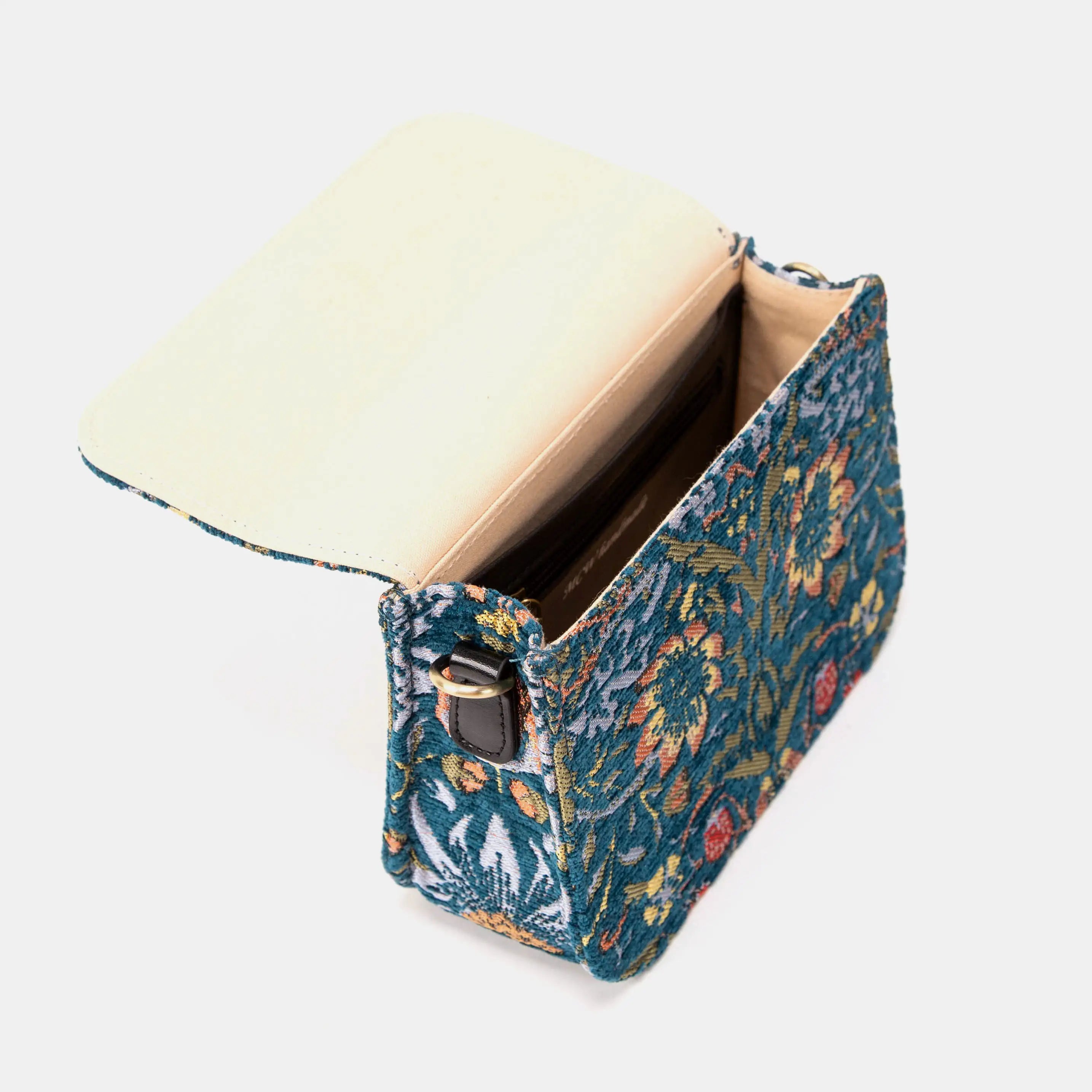 William Morris Strawberry Thief Flap Crossbody Bag of America closure