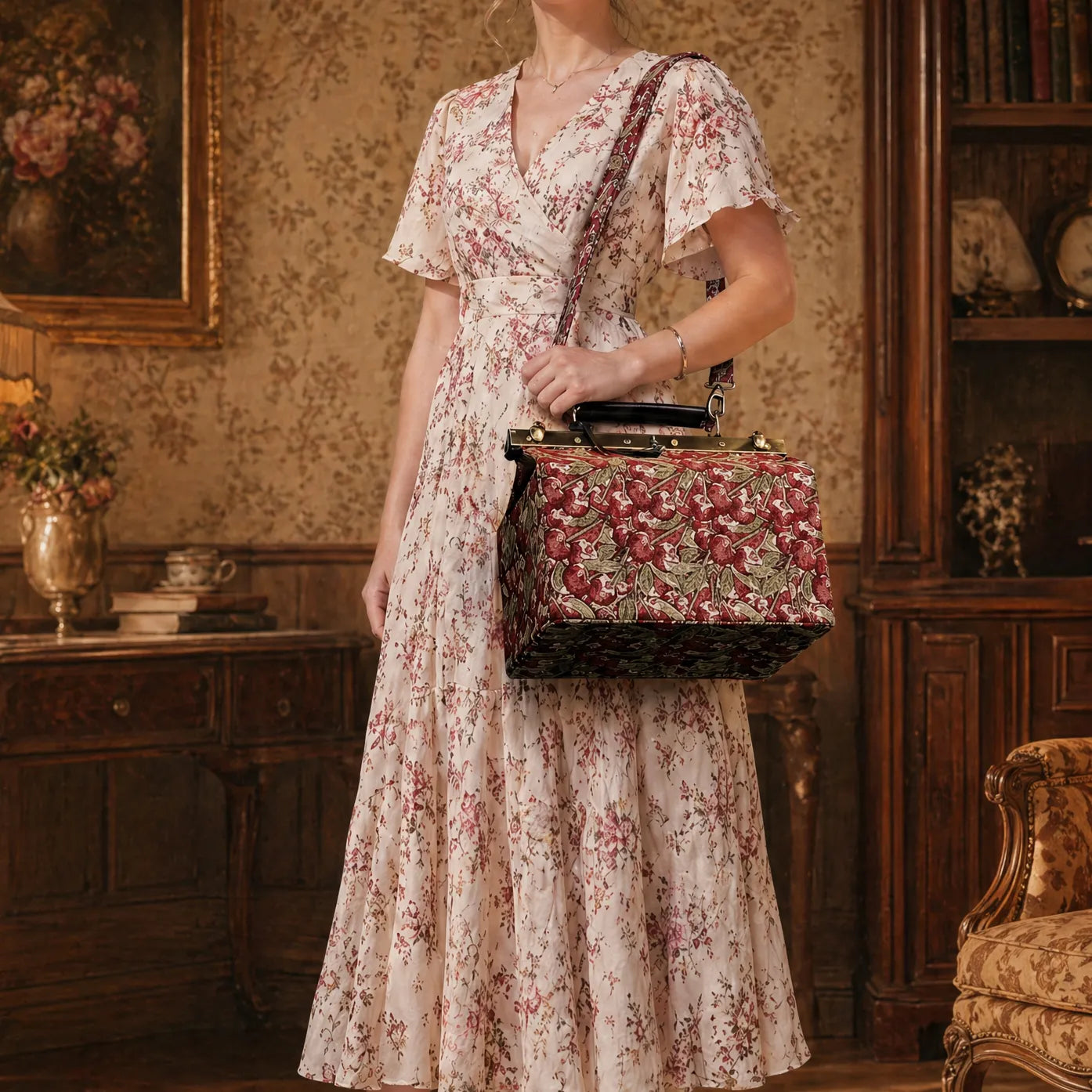 Woman in a floral dress carrying a cherry cascade vivienne carpet purse Gladstone bag with a shoulder strap in a vintage room.