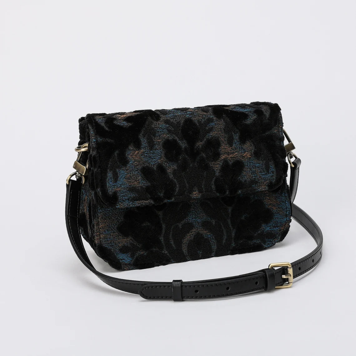 Burnout Velvet Black Flap Crossbody Bag carpet bag MCW Handmade-3