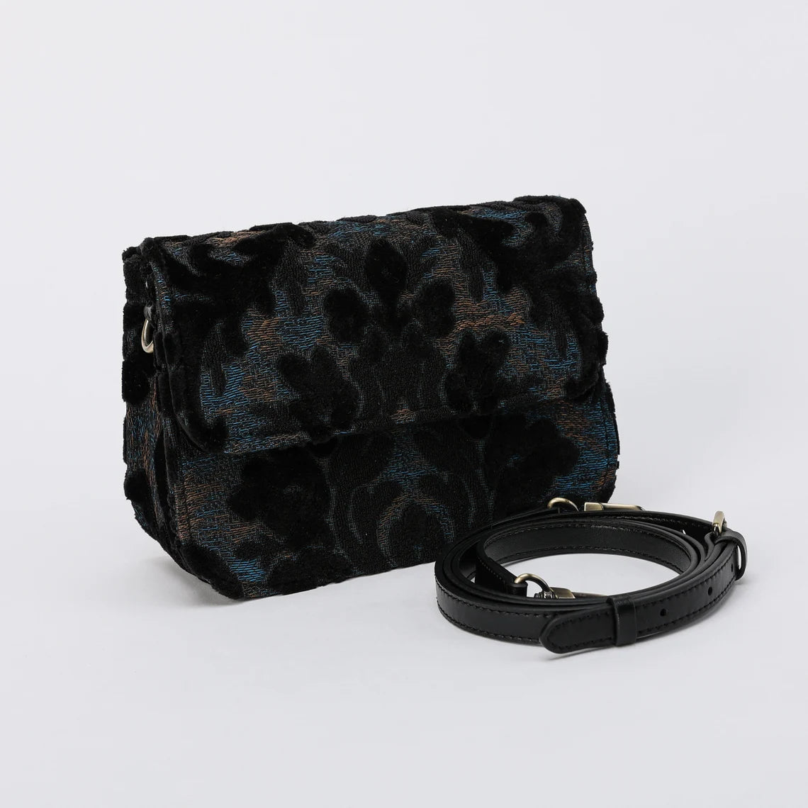 Burnout Velvet Black Flap Crossbody Bag carpet bag MCW Handmade-2