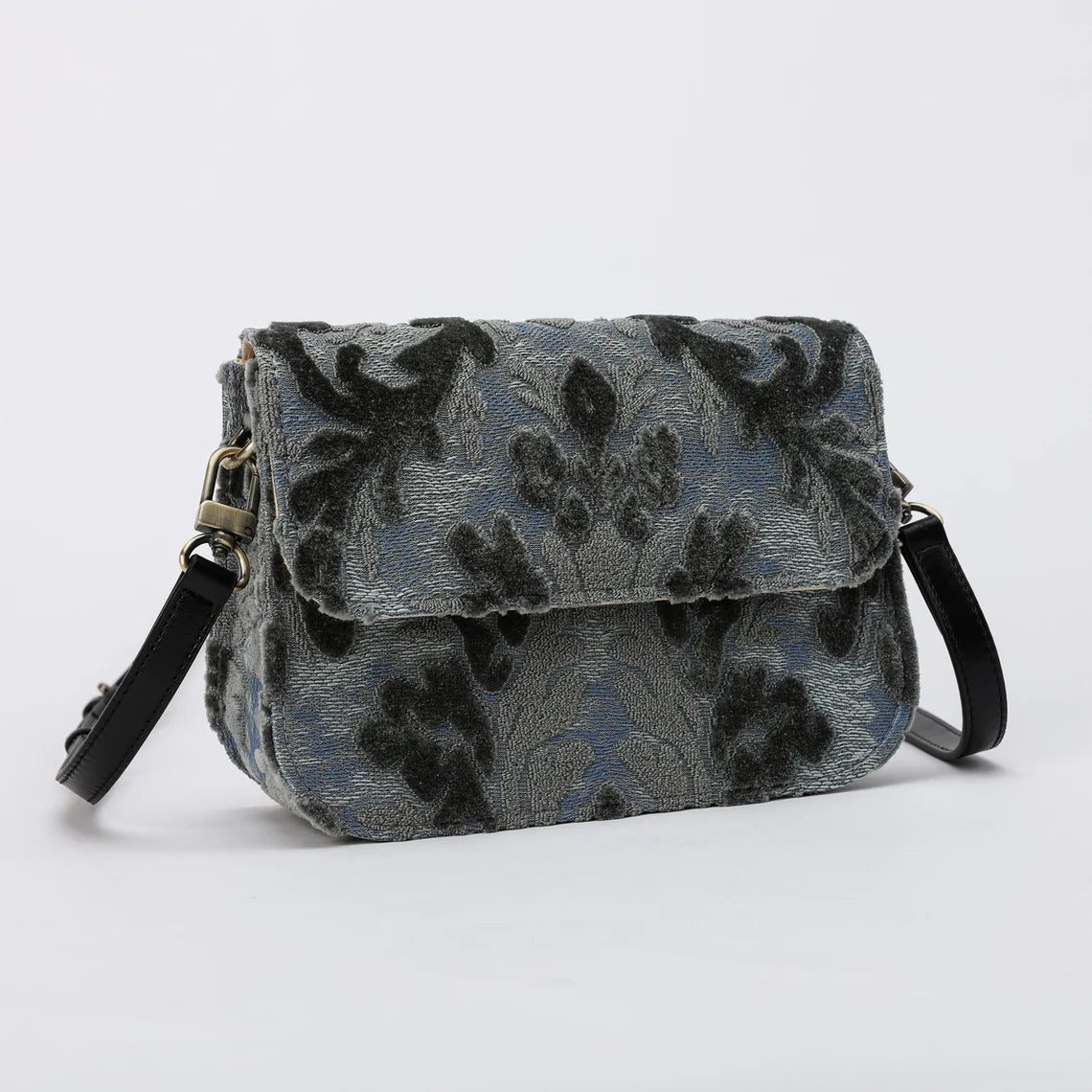 Burnout Velvet Steel Blue Flap Crossbody Bag carpet bag MCW Handmade