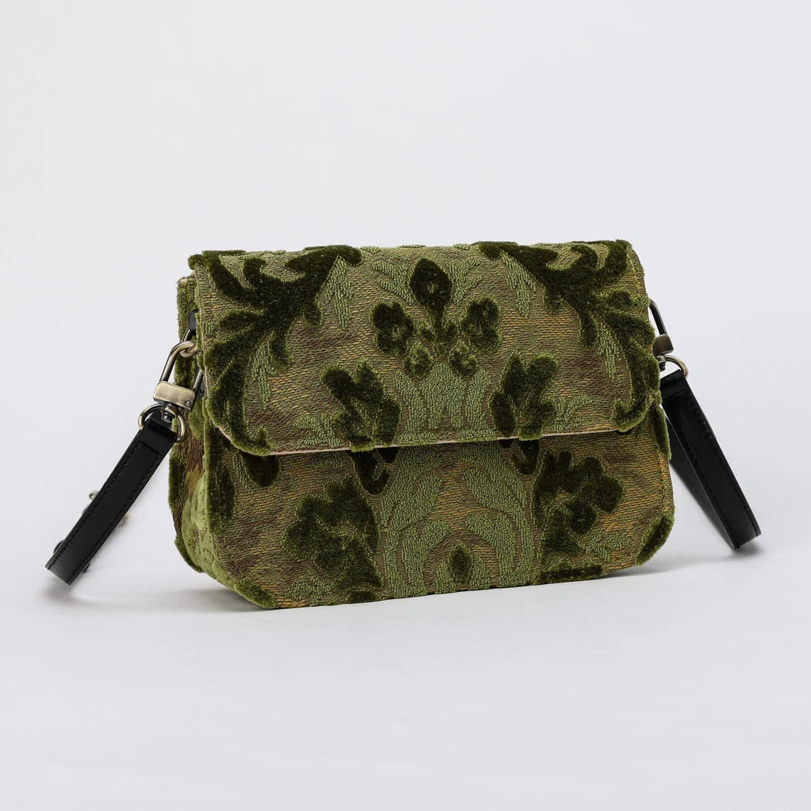 Burnout Velvet Fern Green Flap Crossbody Bag carpet bag MCW Handmade