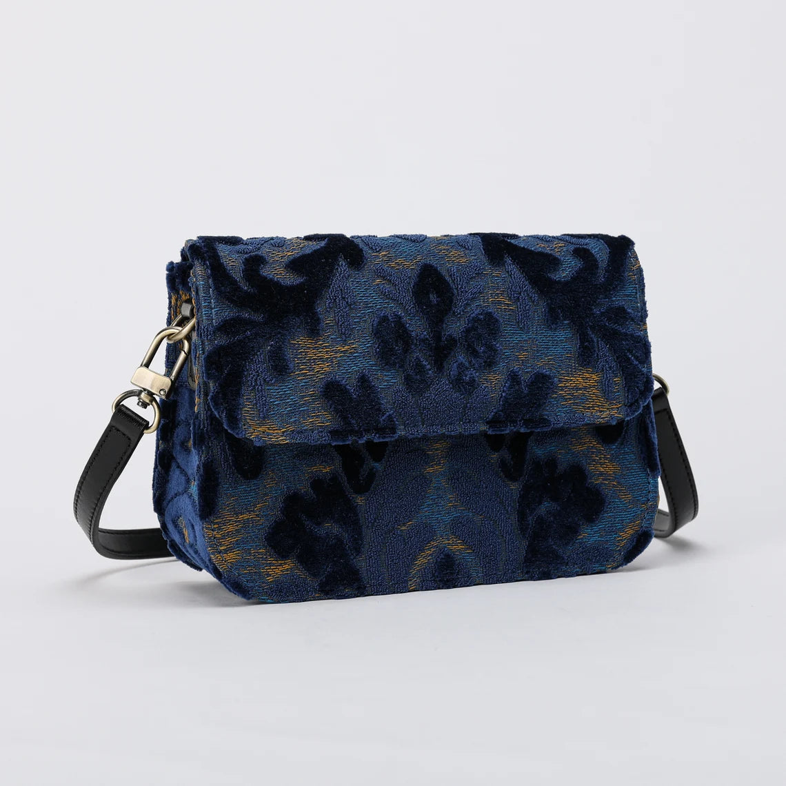 Burnout Velvet Navy Flap Crossbody Bag carpet bag MCW Handmade