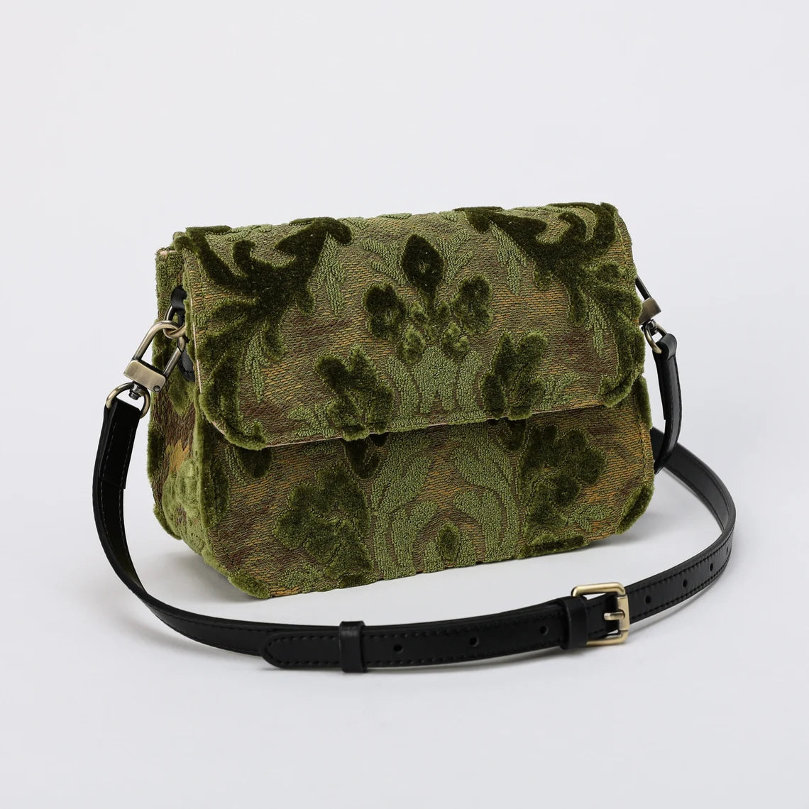 Burnout Velvet Fern Green Flap Crossbody Bag carpet bag MCW Handmade-3