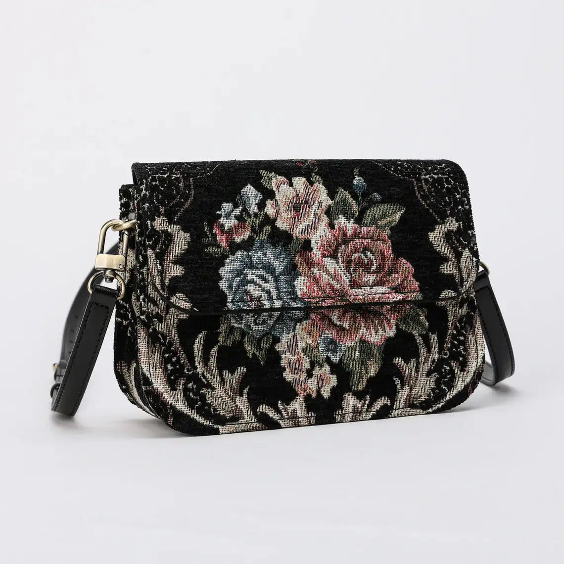 Floral Black Flap Crossbody Bag carpet bag of America main