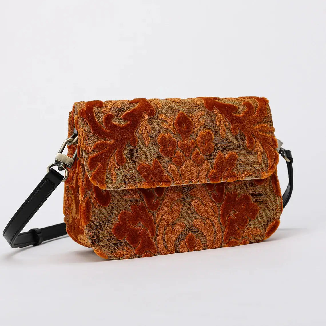 Burnout Velvet Orange Flap Crossbody Bag carpet bag of America main