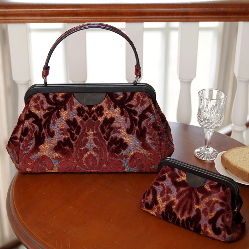 Burnout Velvet Wine Evening Bag Clutch carpet bag MCW Handmade-7