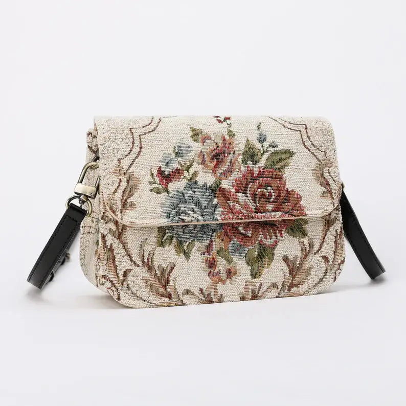 Floral Cream Flap Crossbody Bag carpet bag of America main