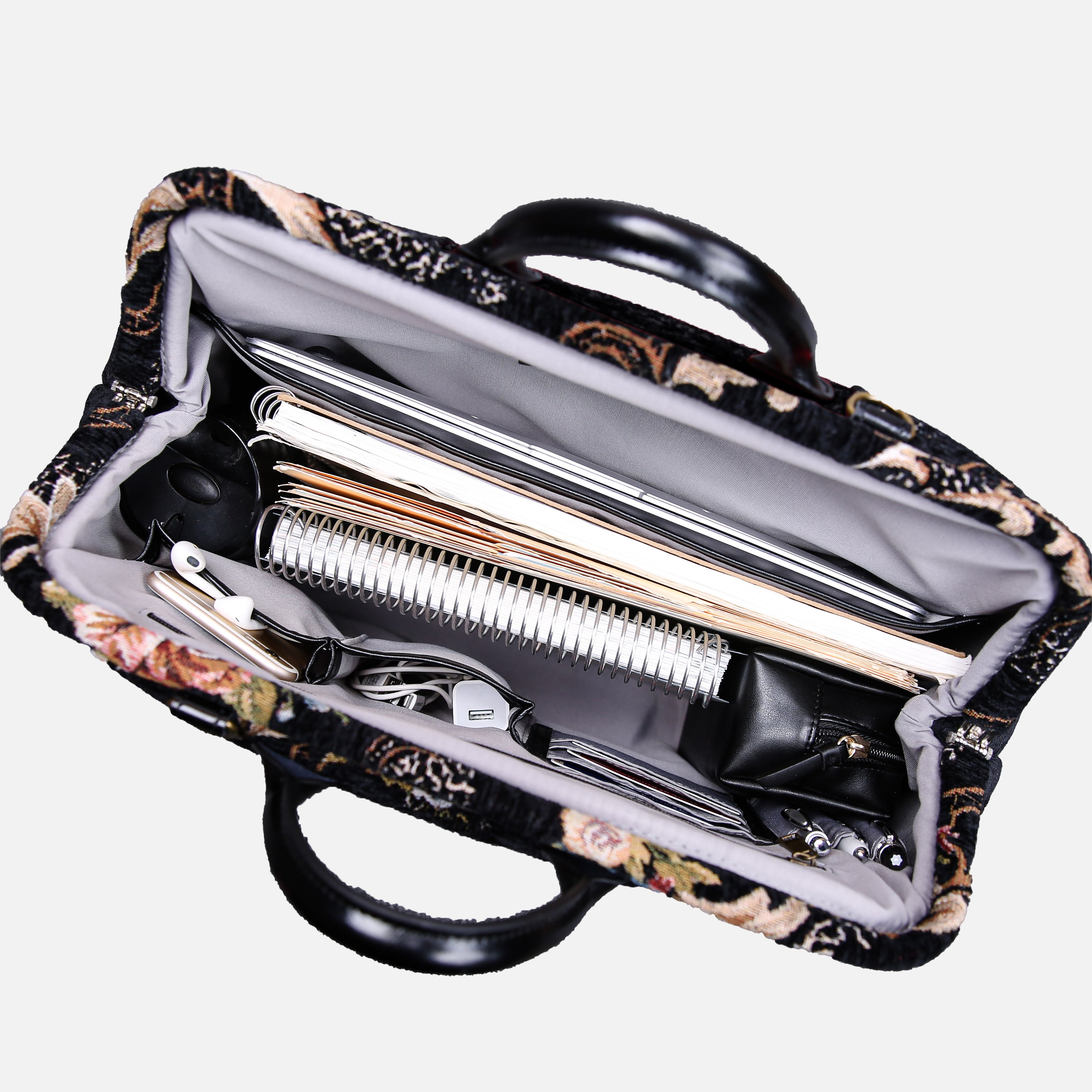 Floral Black Leather Black Laptop Work Bag carpet bag of America in use
