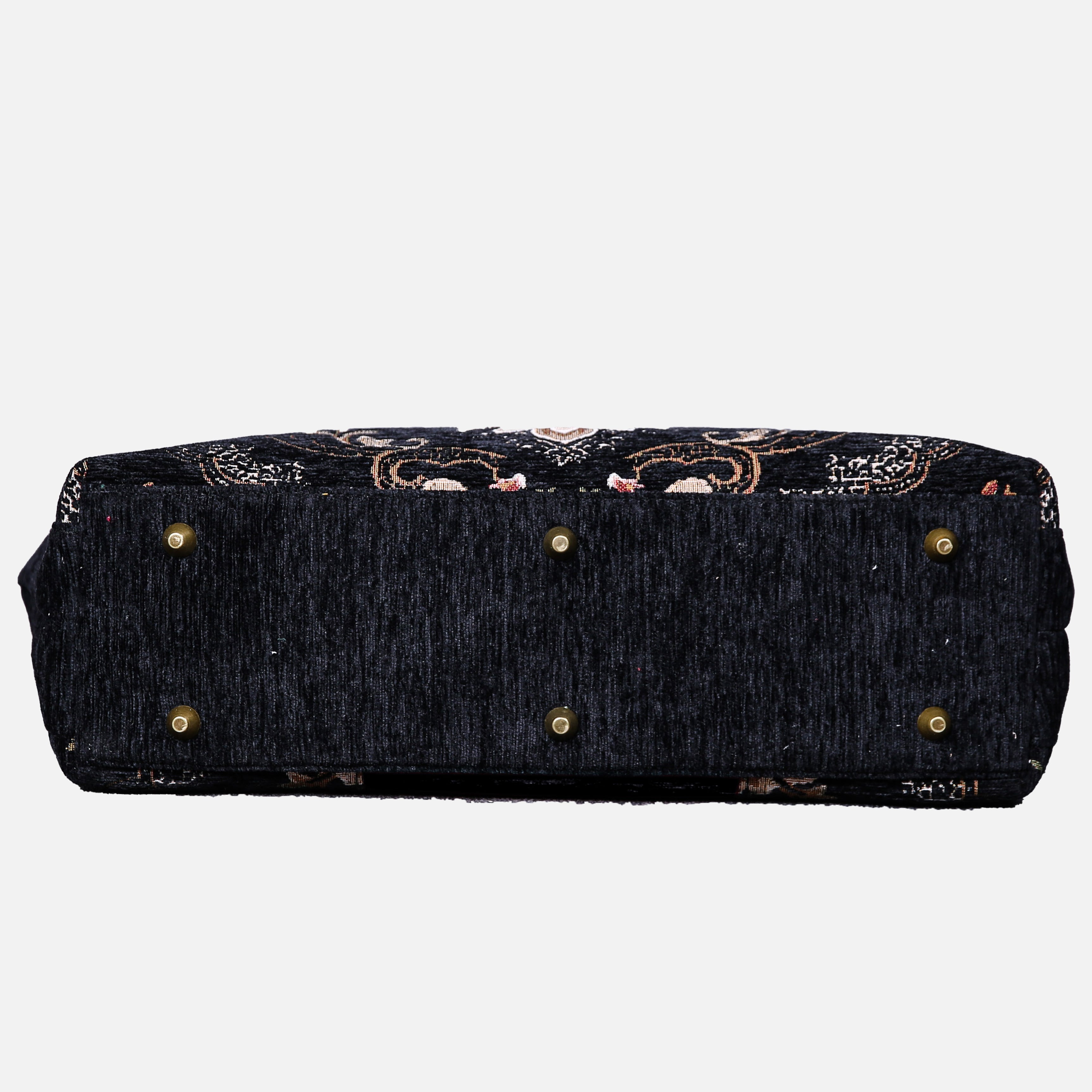 Floral Black Leather Black Laptop Work Bag carpet bag of America bottom