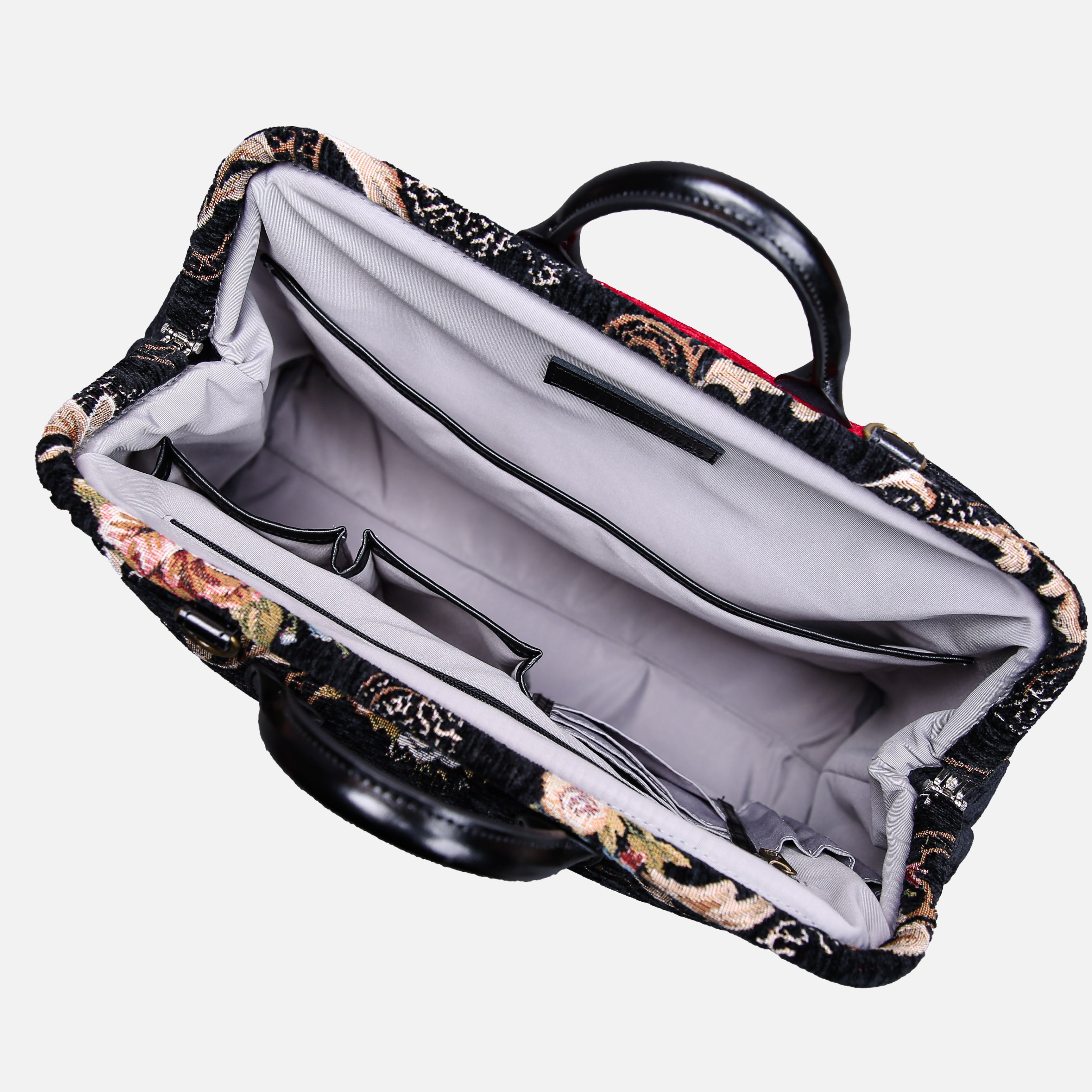 Floral Black Leather Black Laptop Work Bag carpet bag of America inside