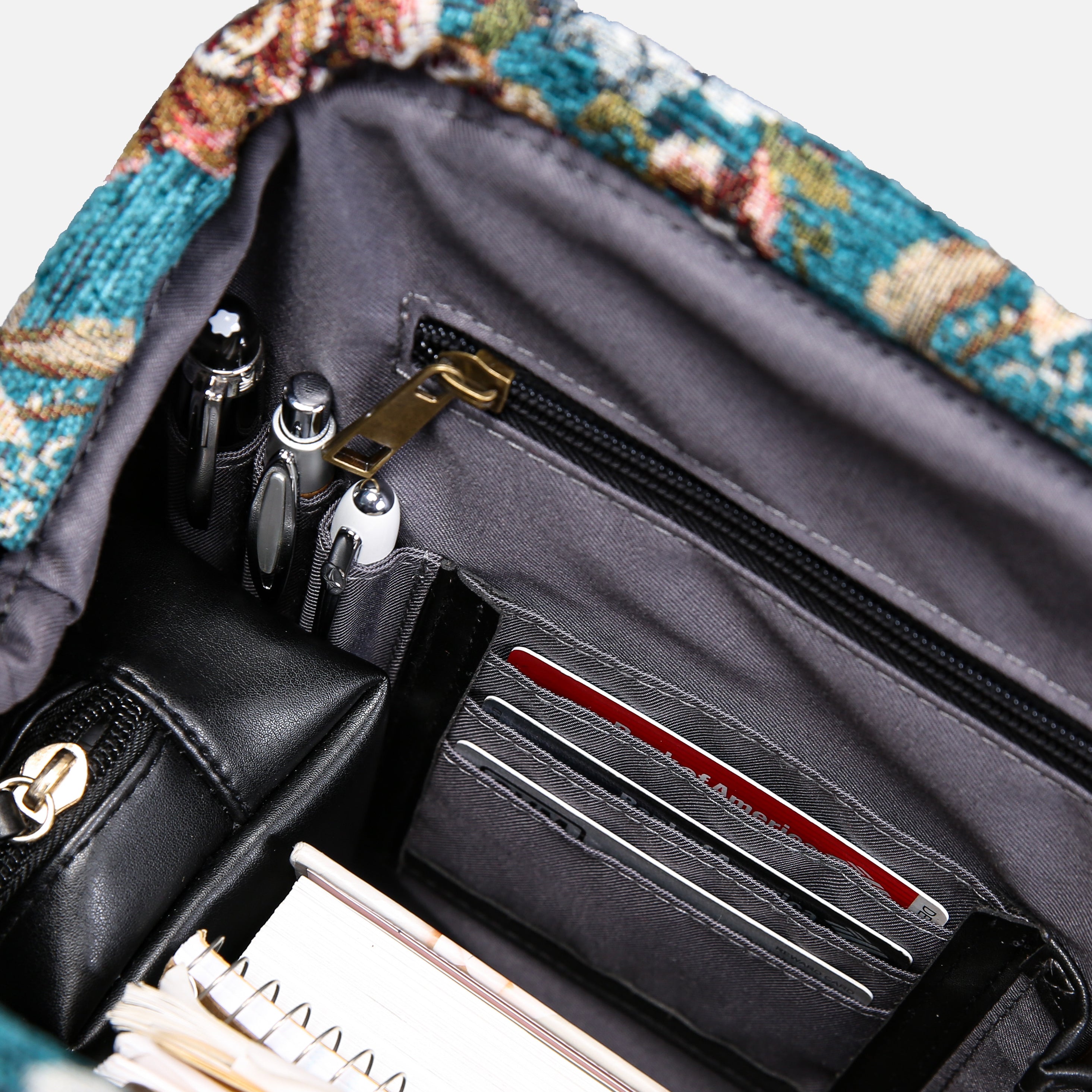 Floral Teal Laptop Work Bag carpet bag of America inside details