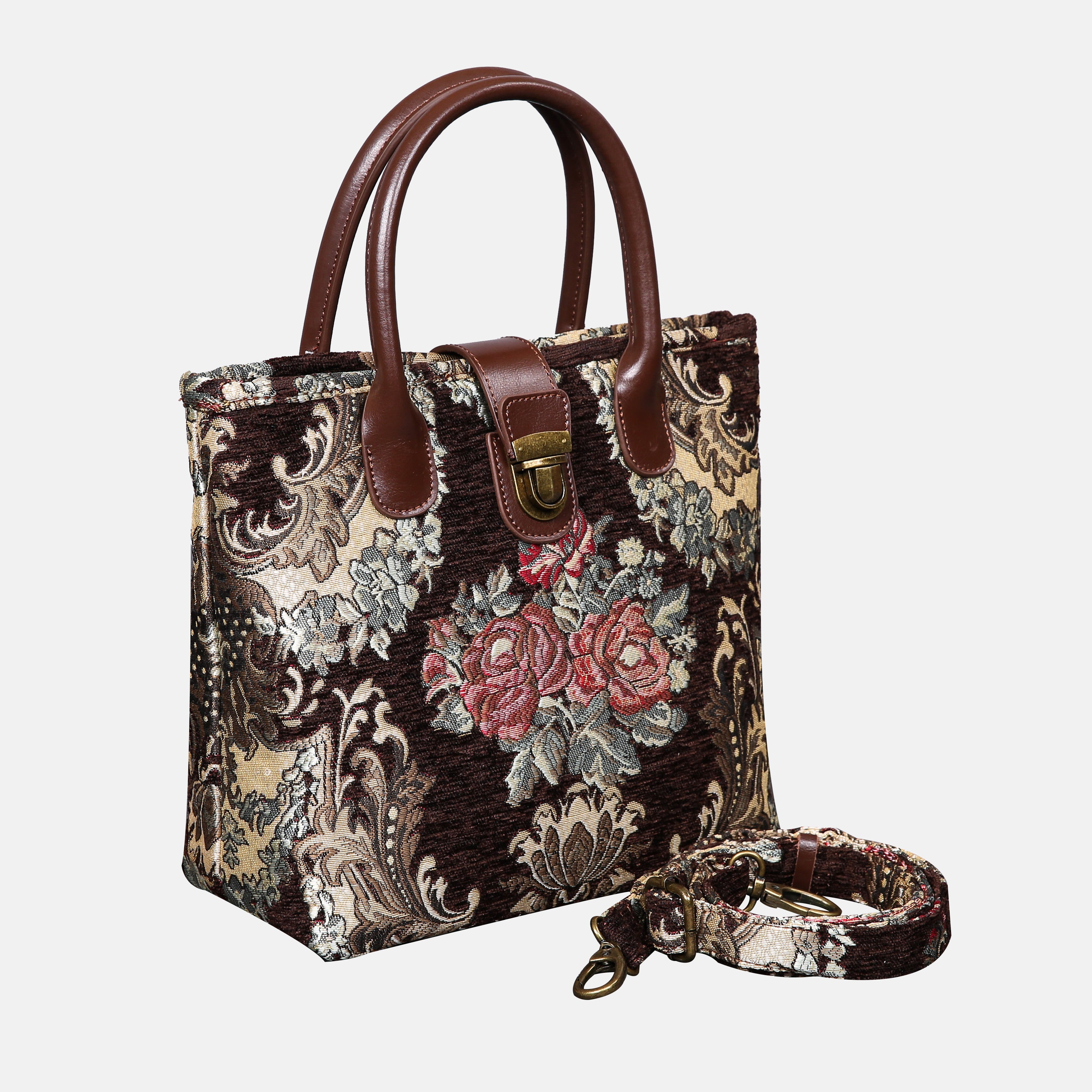 Brocade Brown Tuck Lock Carpet Satchel carpet bag MCW Handmade of America with strap