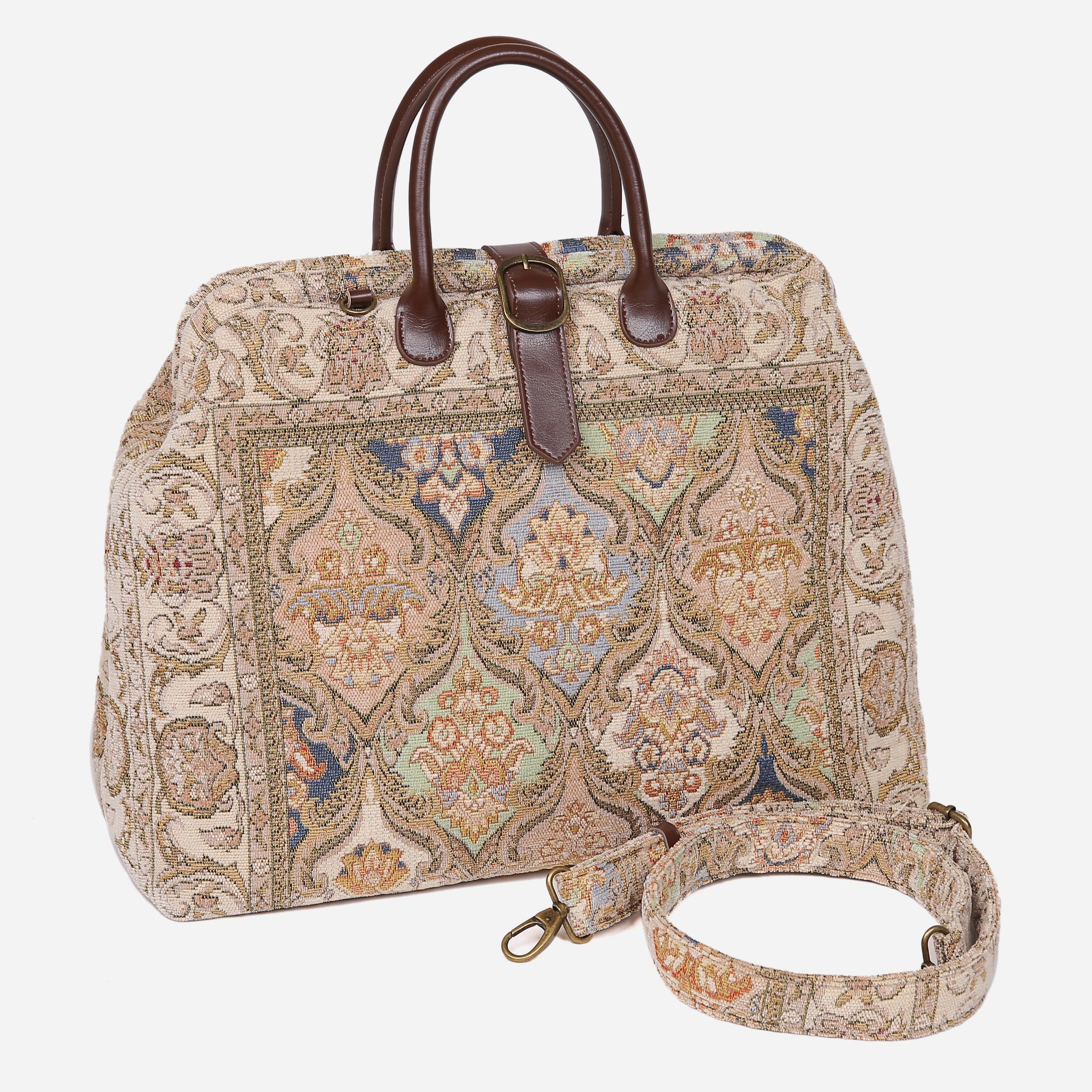 Golden Age Beige Mary Poppins Weekender Carpetbag of America with shoulder strap