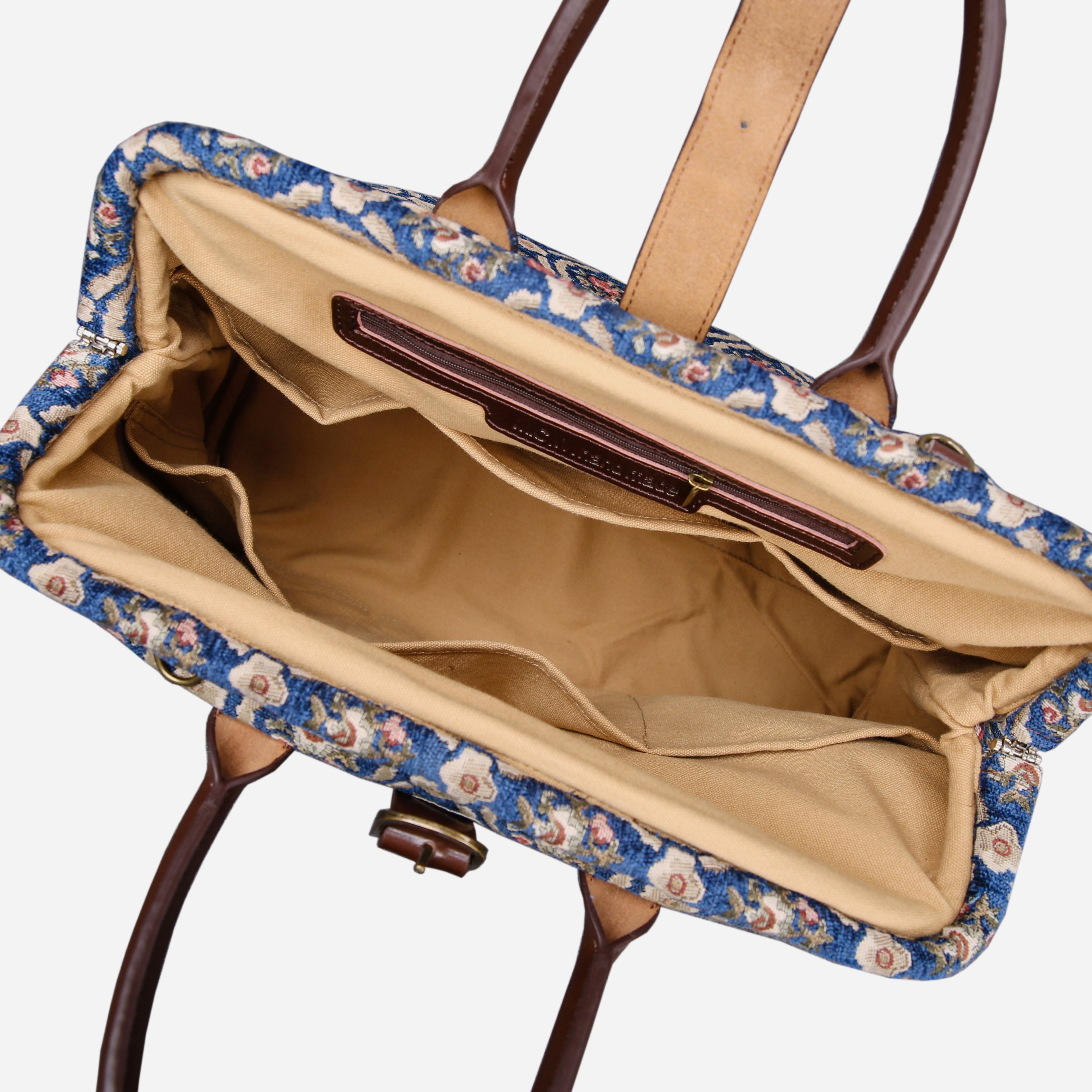 Traditional Blue Mary Poppins Weekender Carpetbag of America open