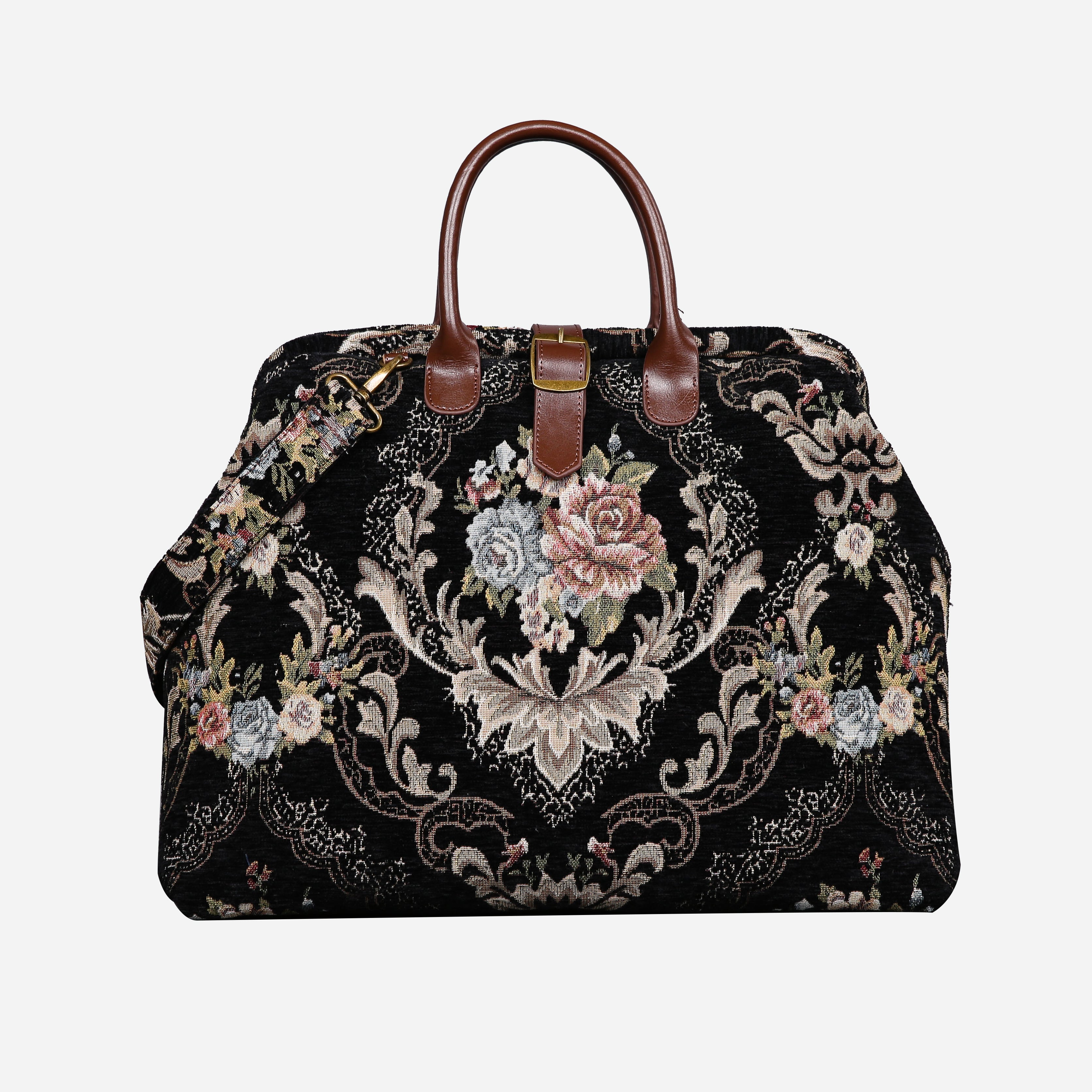 Floral Black Leather Brown Mary Poppins Weekender carpet bag MCW Handmade