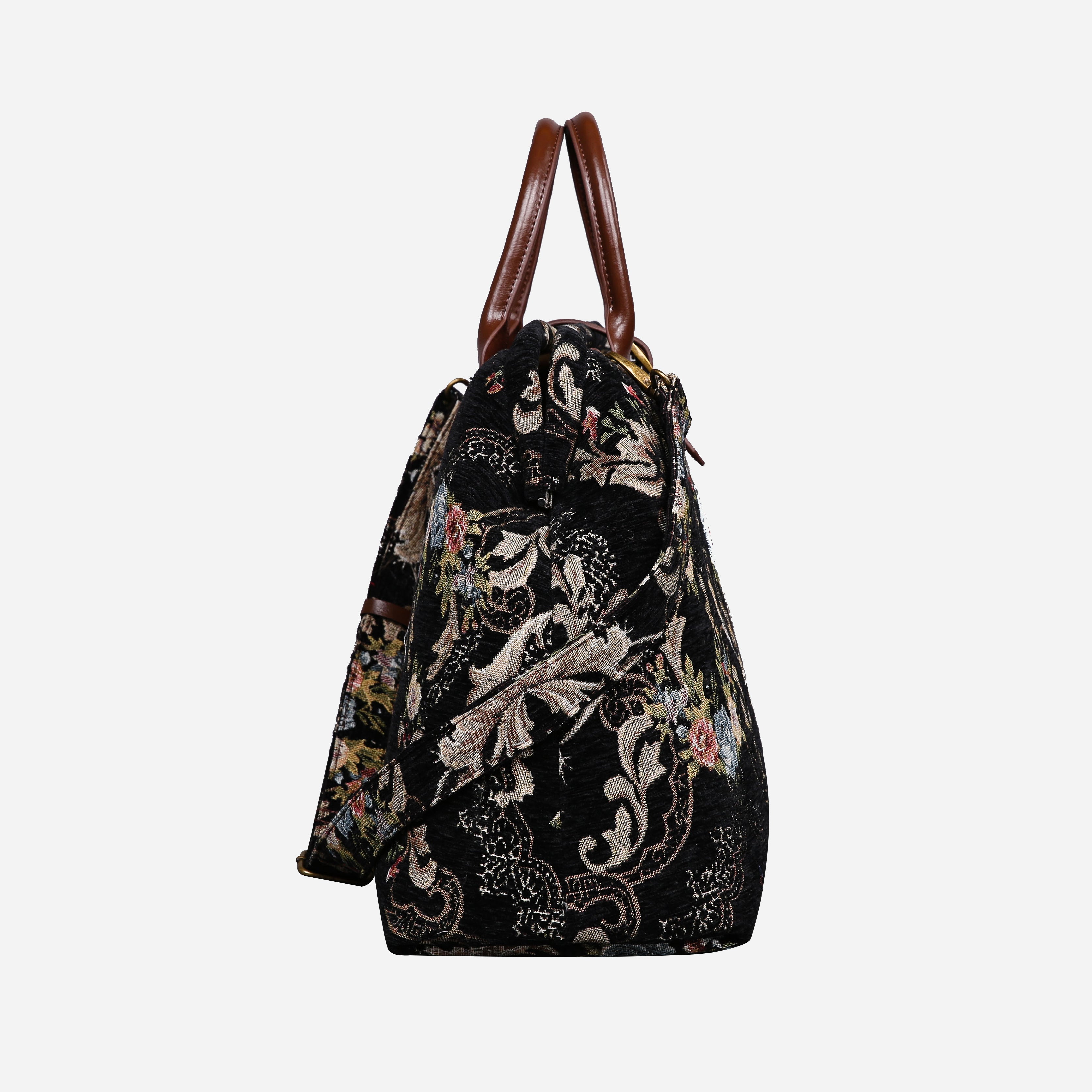 Floral Black Leather Brown Mary Poppins Weekender carpet bag MCW Handmade-3