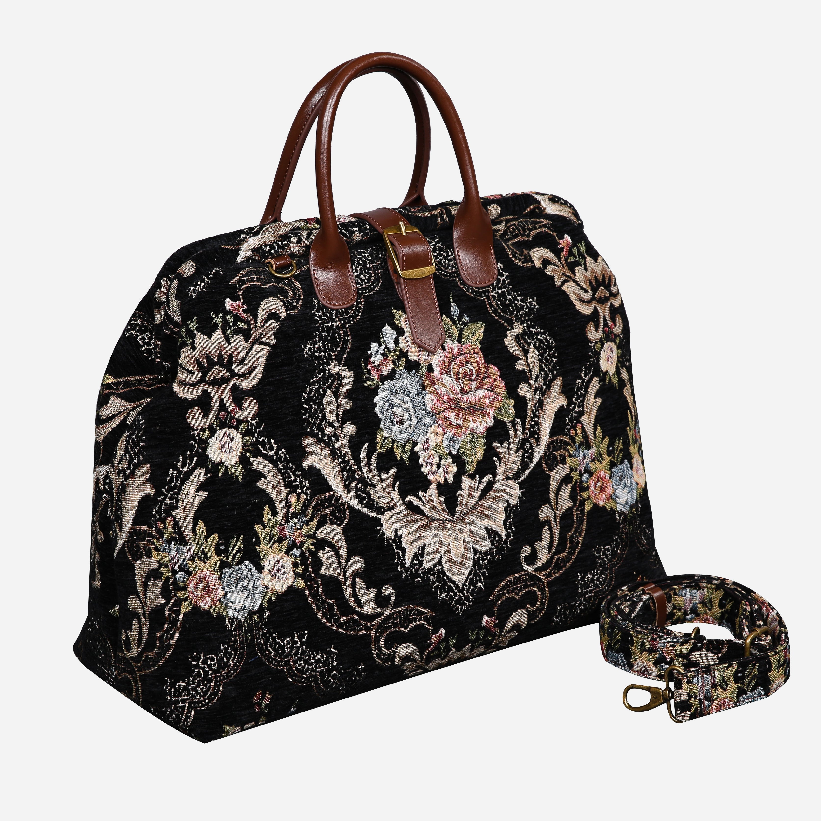 Floral Black Leather Brown Mary Poppins Weekender carpet bag MCW Handmade-1