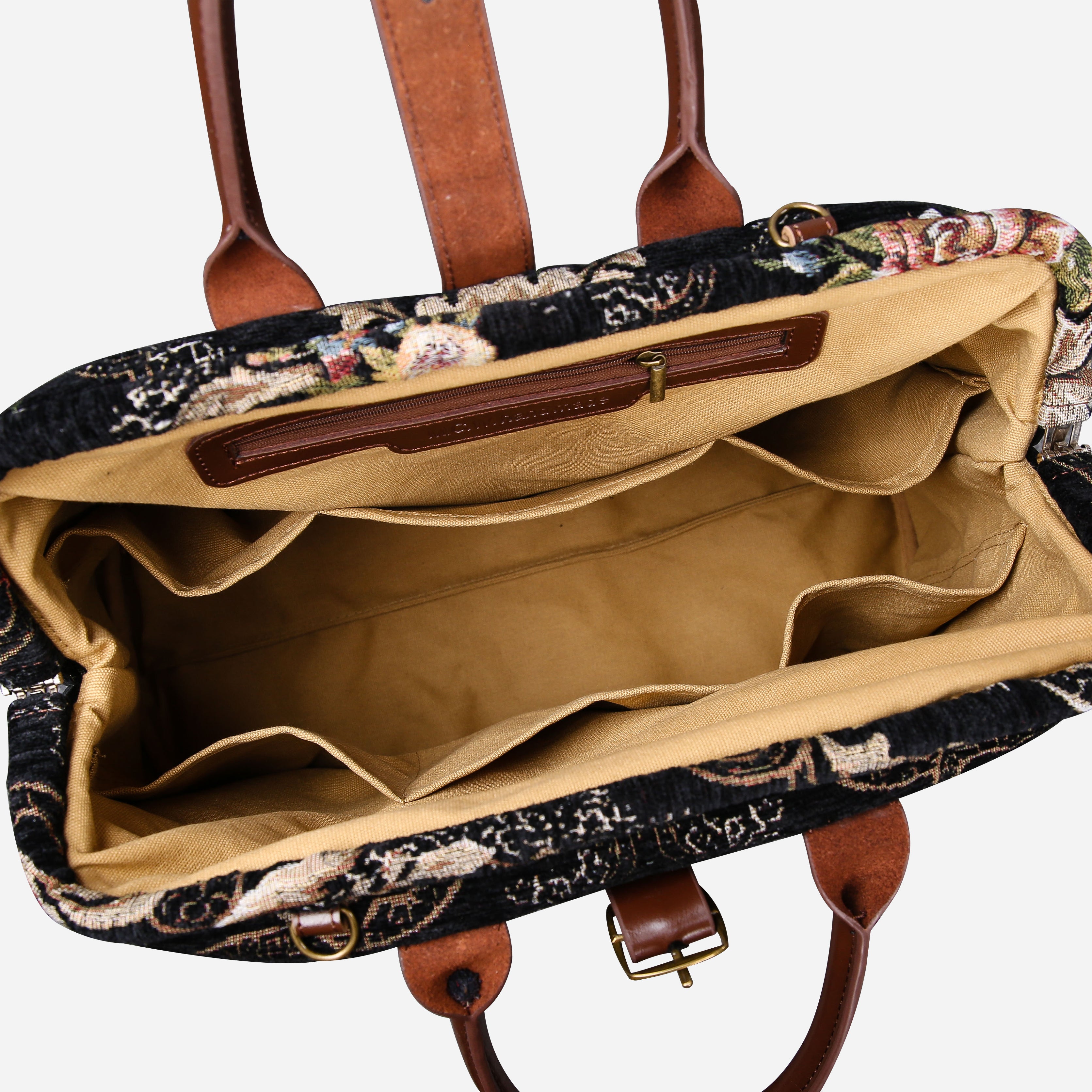 Floral Black Leather Brown Mary Poppins Weekender carpet bag MCW Handmade-5