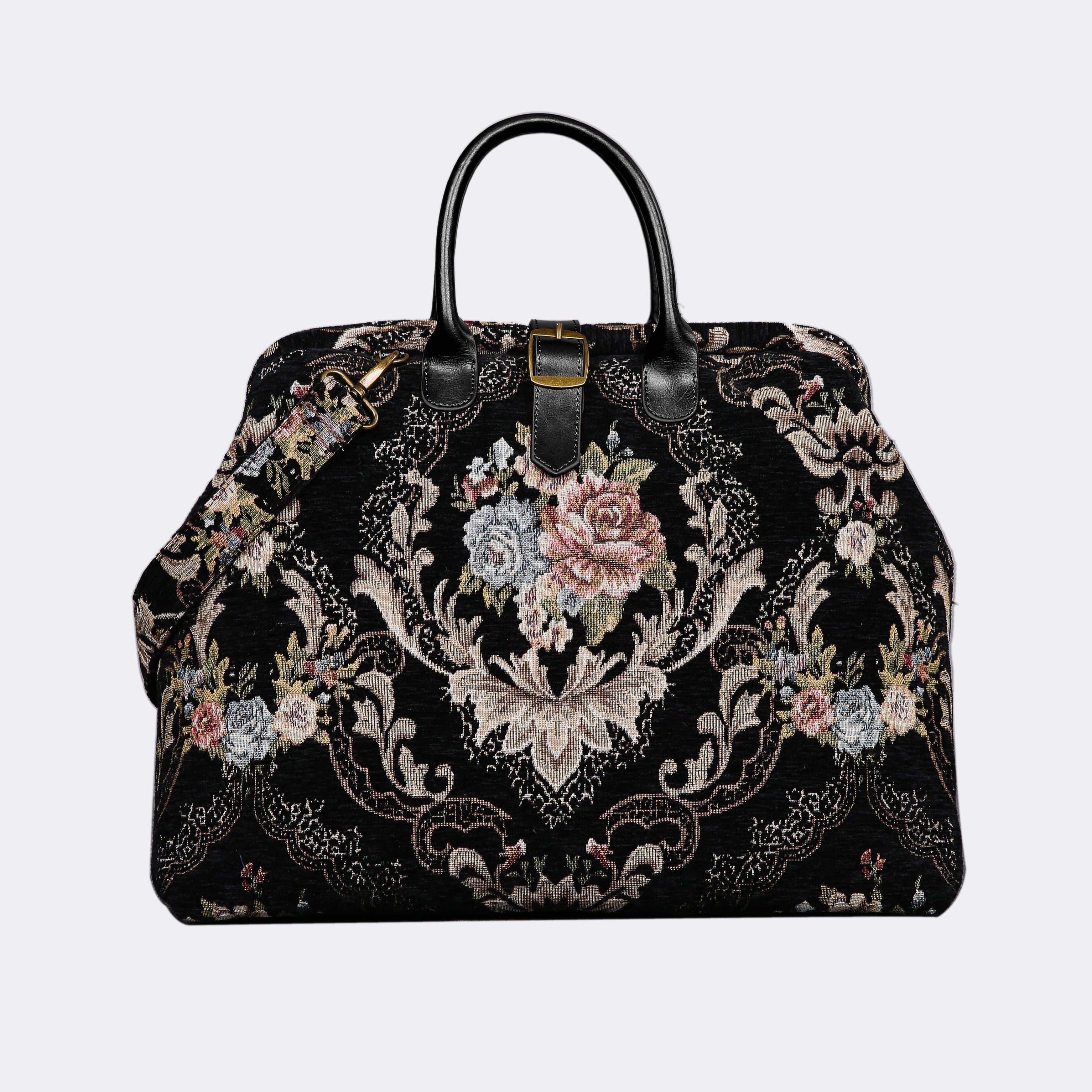 Floral Black Leather Black Mary Poppins Weekender carpet bag MCW Handmade