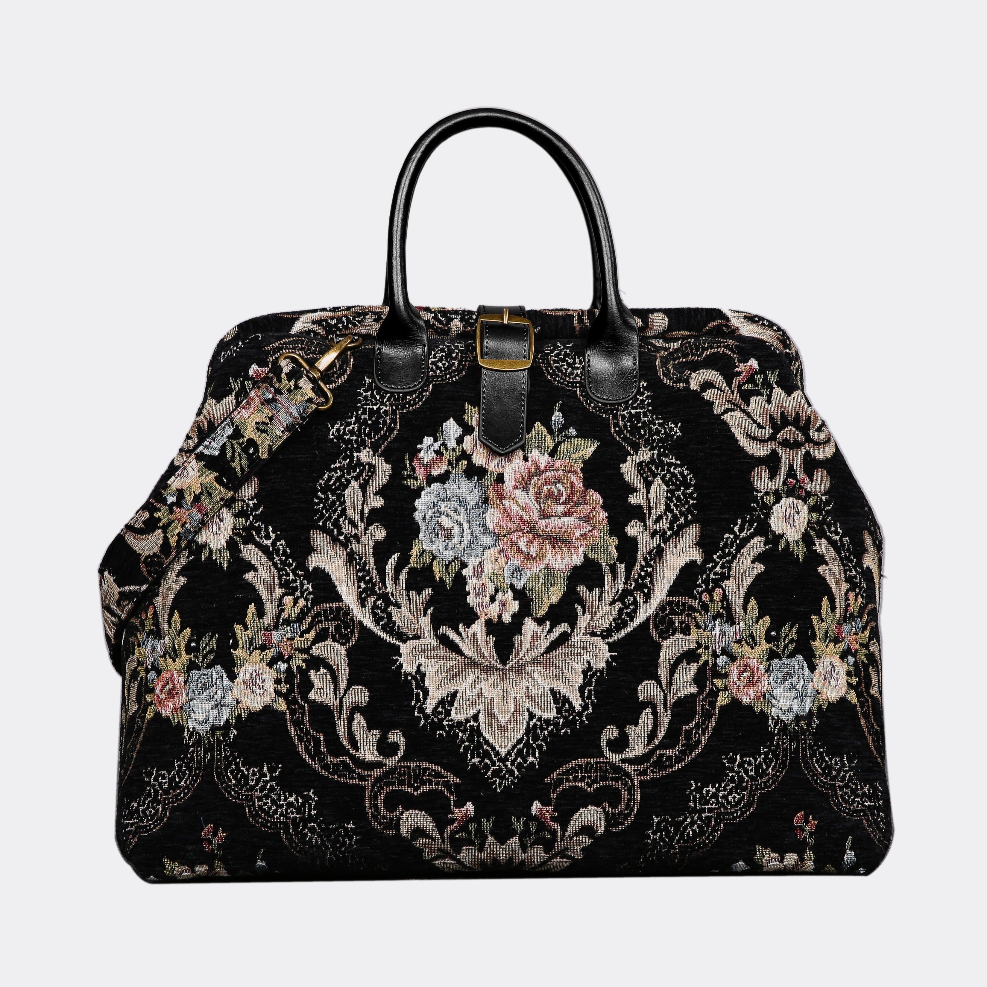 Floral Black Leather Black Mary Poppins Weekender carpet bag MCW Handmade