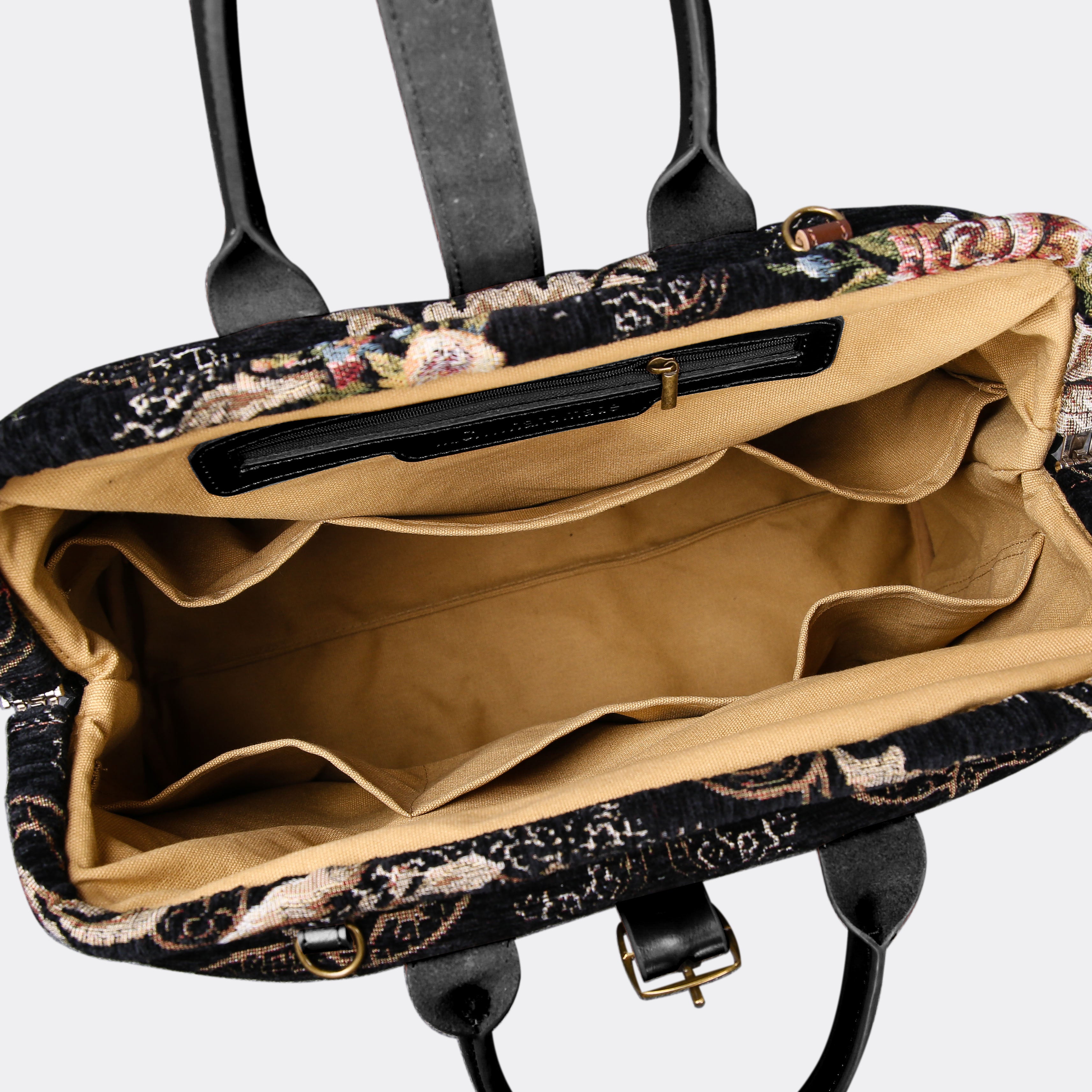 Floral Black Leather Black Mary Poppins Weekender carpet bag MCW Handmade-5
