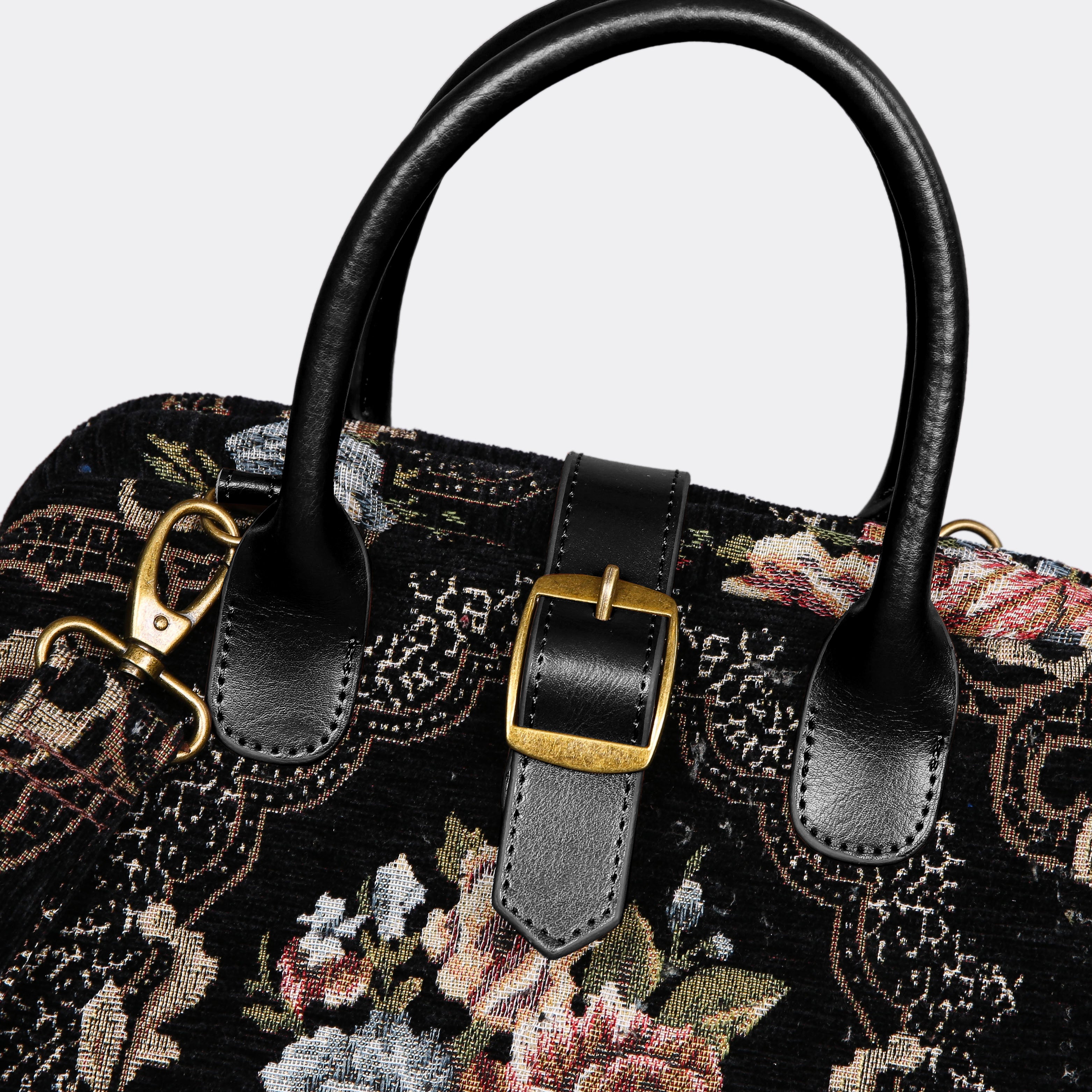 Floral Black Leather Black Carpet Handbag Purse carpet bag MCW Handmade-2