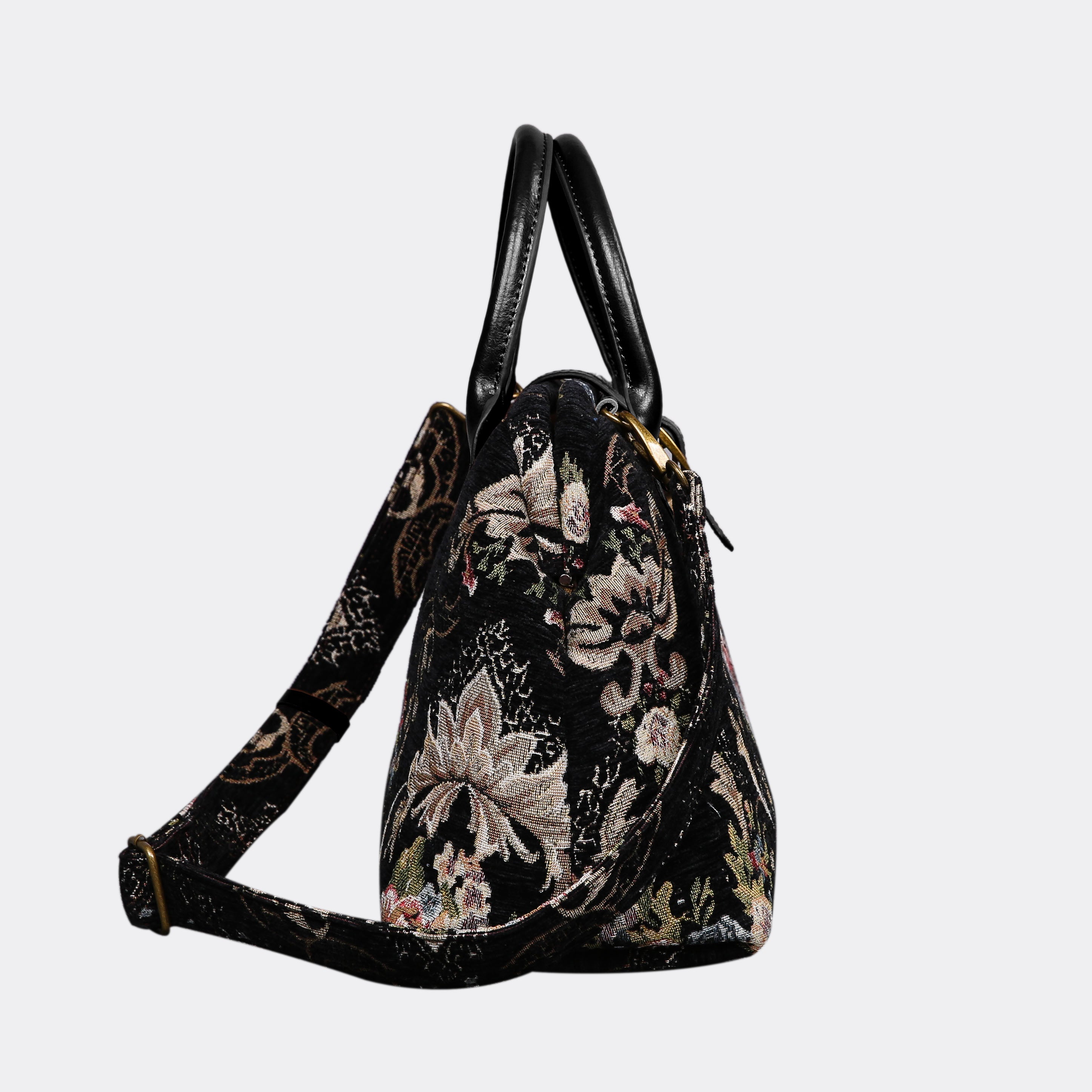 Floral Black Leather Black Carpet Handbag Purse carpet bag MCW Handmade-3