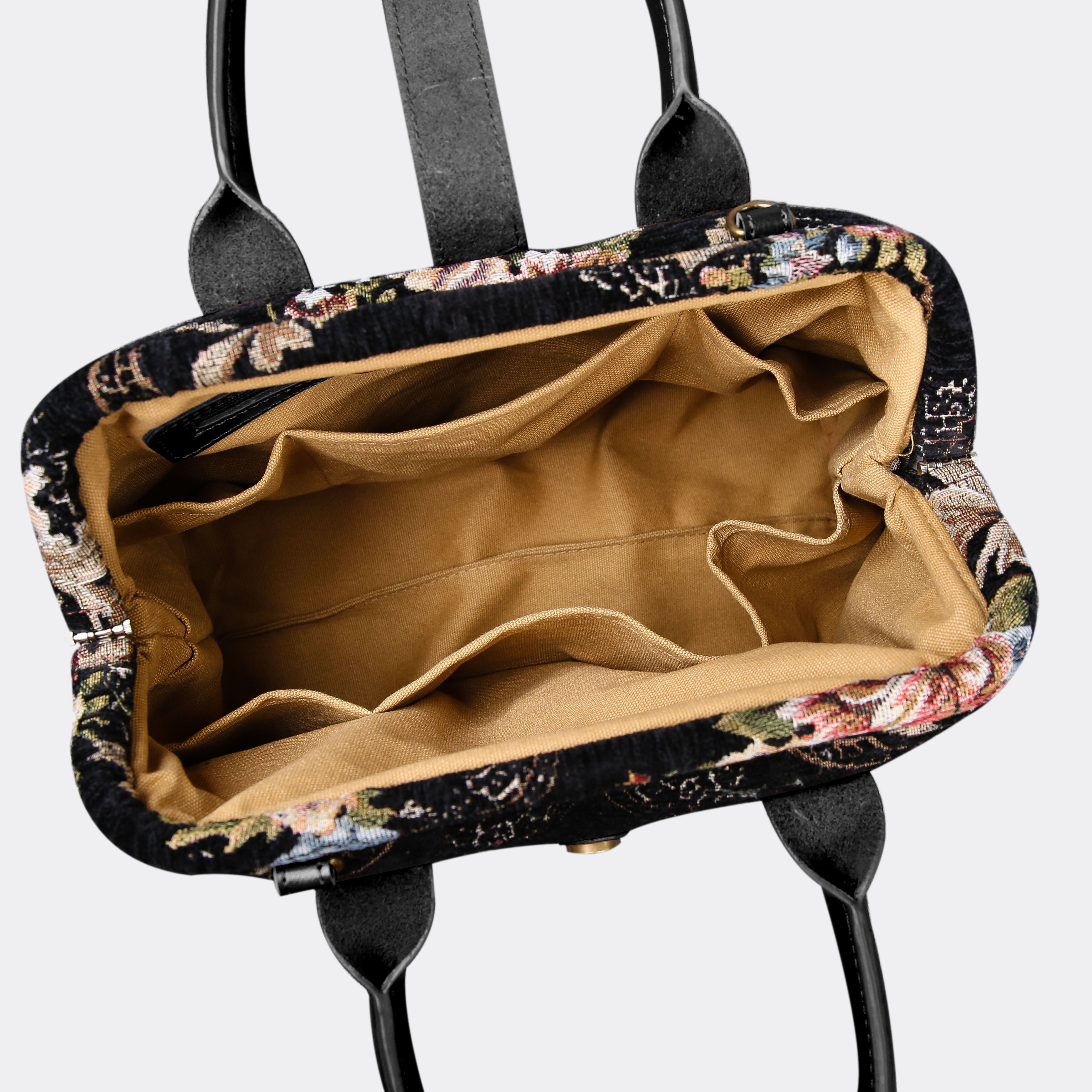Floral Black Leather Black Carpet Handbag Purse carpet bag MCW Handmade-5