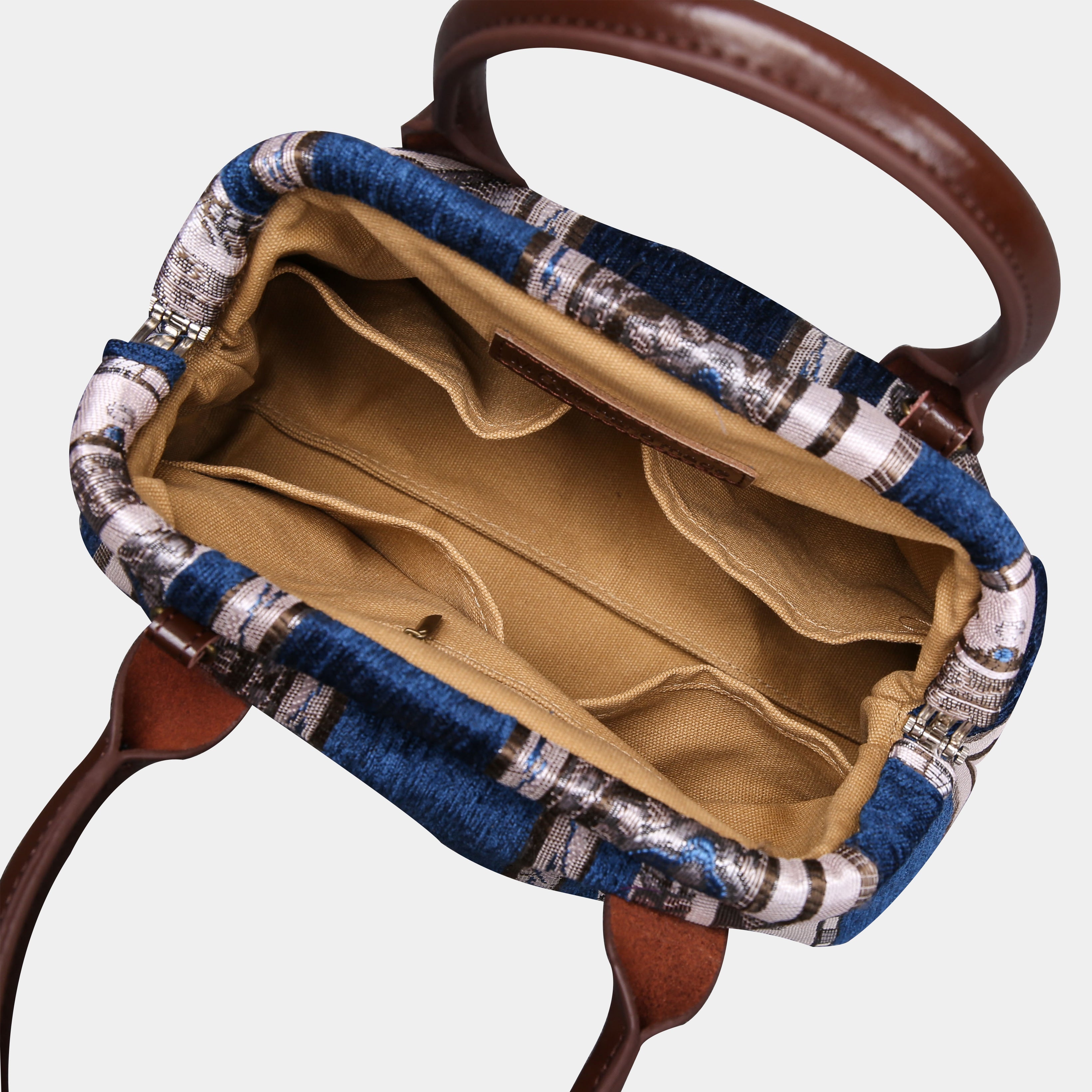 Ethnic Strips Navy Carpet Satchel carpet bag MCW Handmade-5