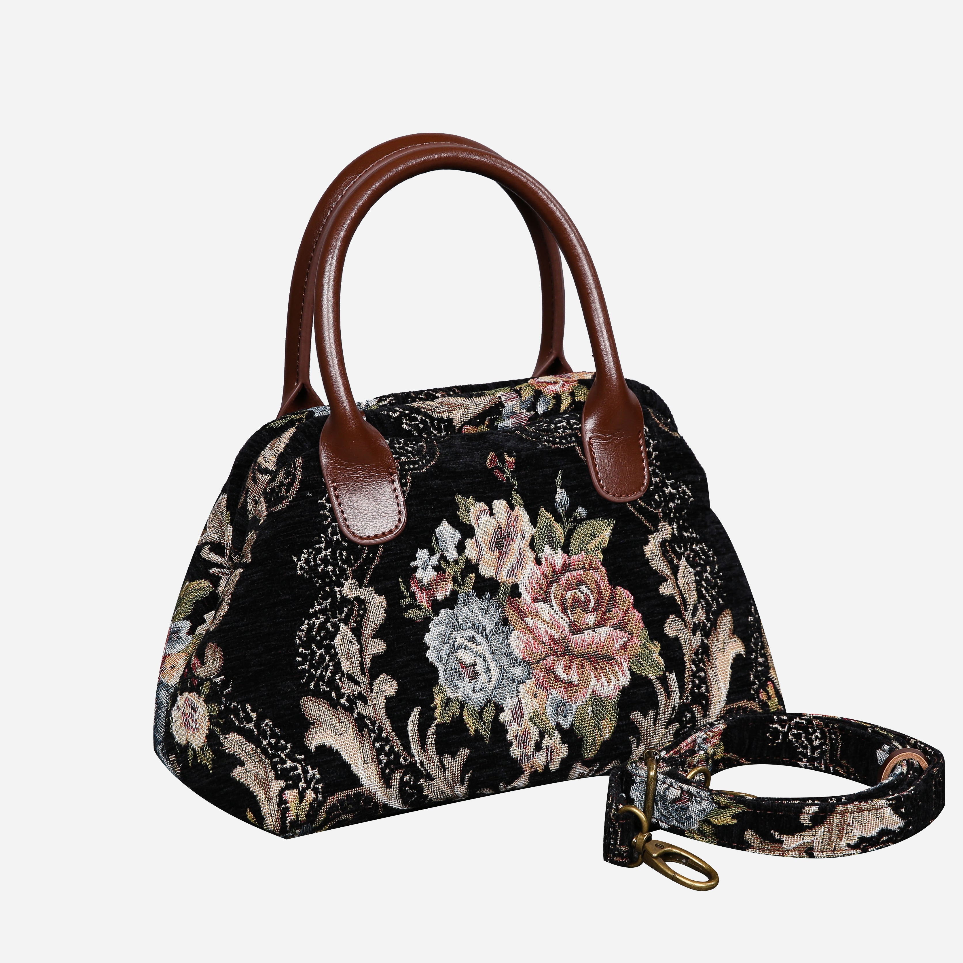 Floral Black Leather Brown Carpet Satchel carpet bag MCW Handmade