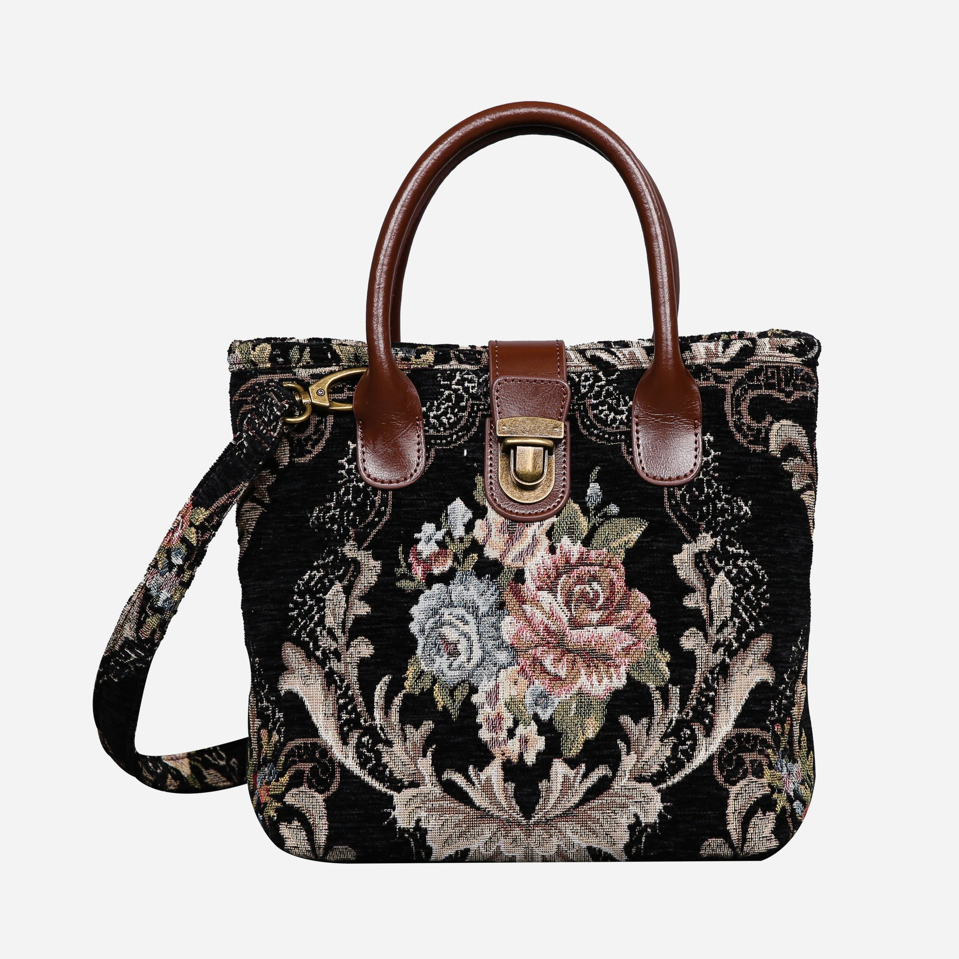 Floral Black Leather Brown Tuck Lock Carpet Satchel carpet bag MCW Handmade