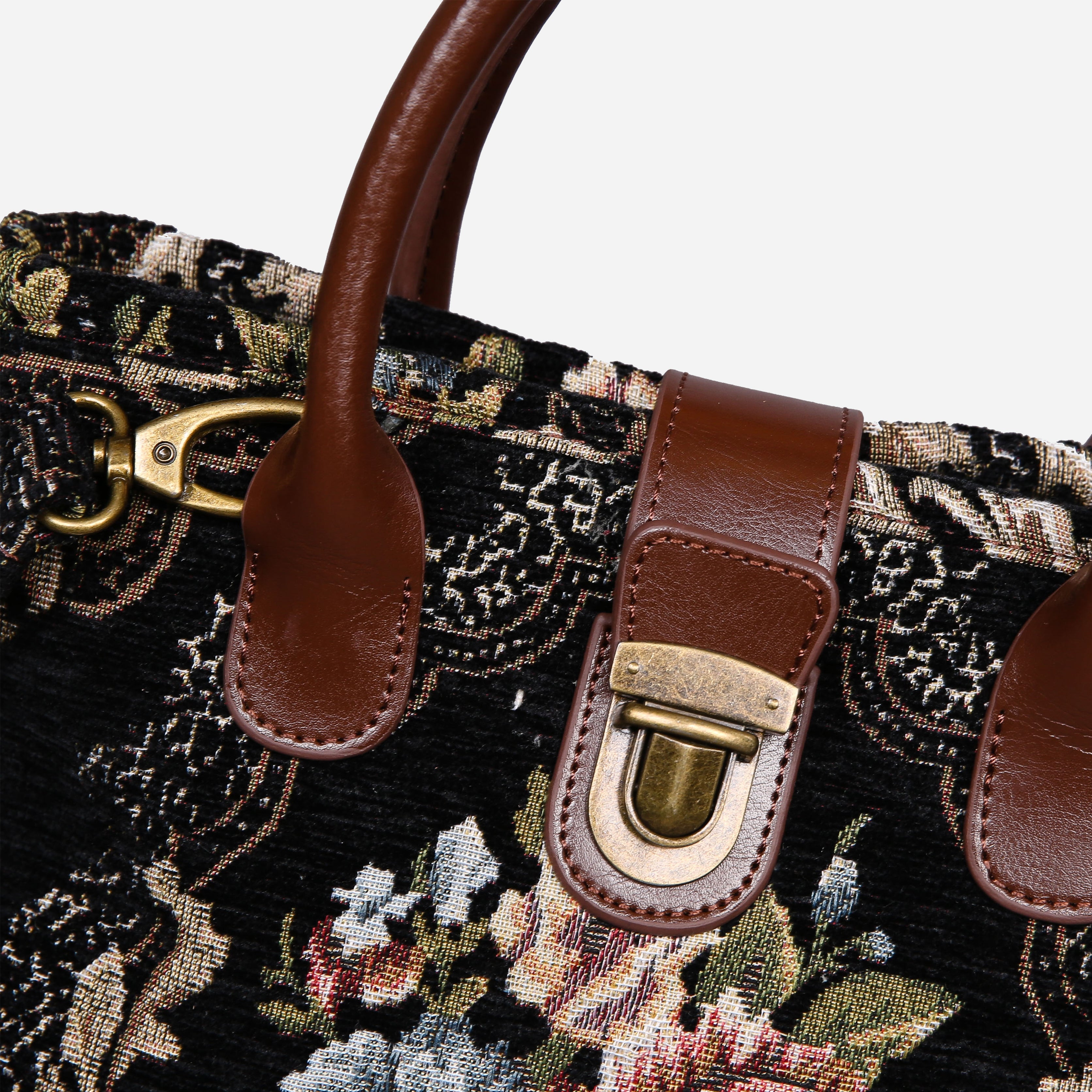 Floral Black Leather Brown Tuck Lock Carpet Satchel carpet bag MCW Handmade-2