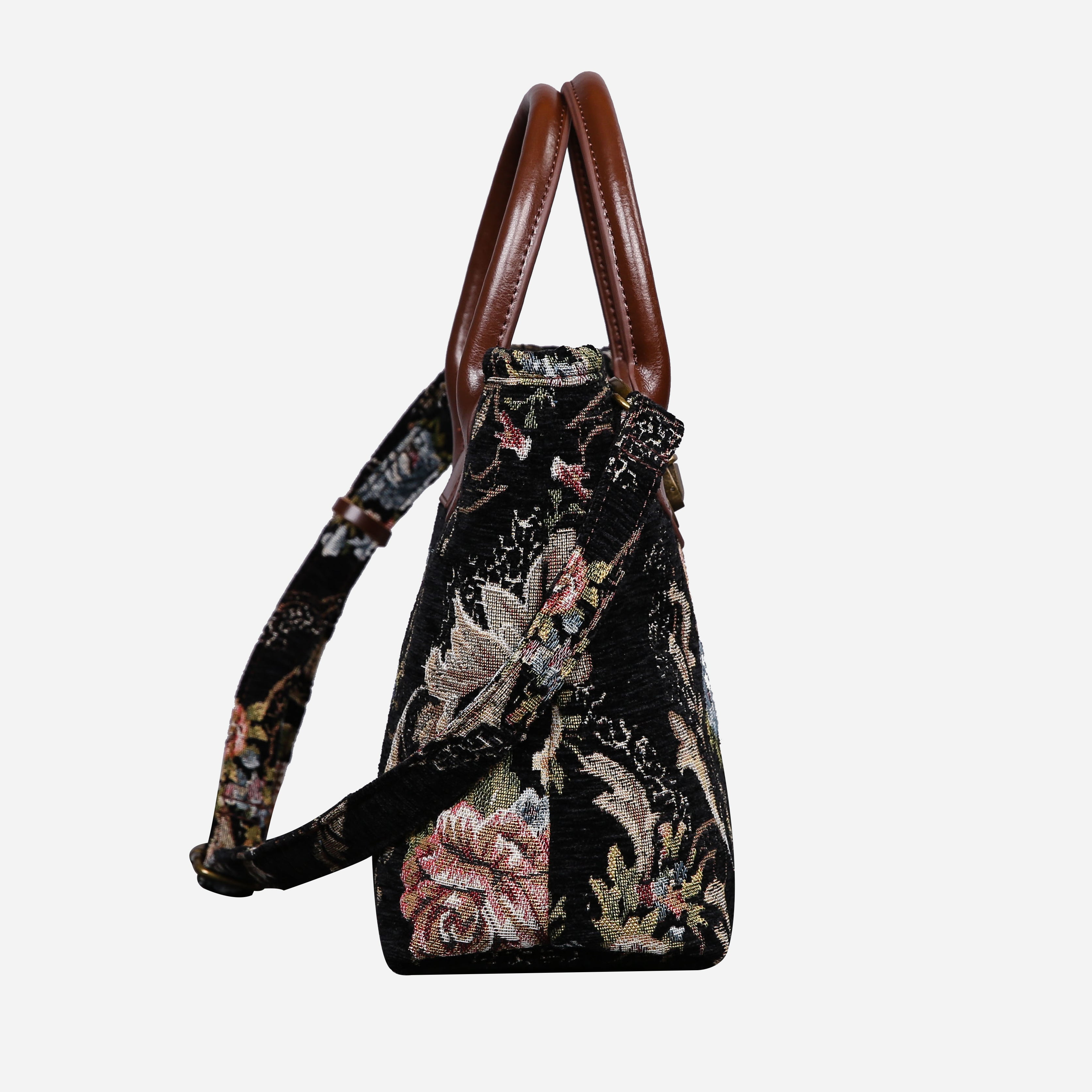 Floral Black Leather Brown Tuck Lock Carpet Satchel carpet bag MCW Handmade-3