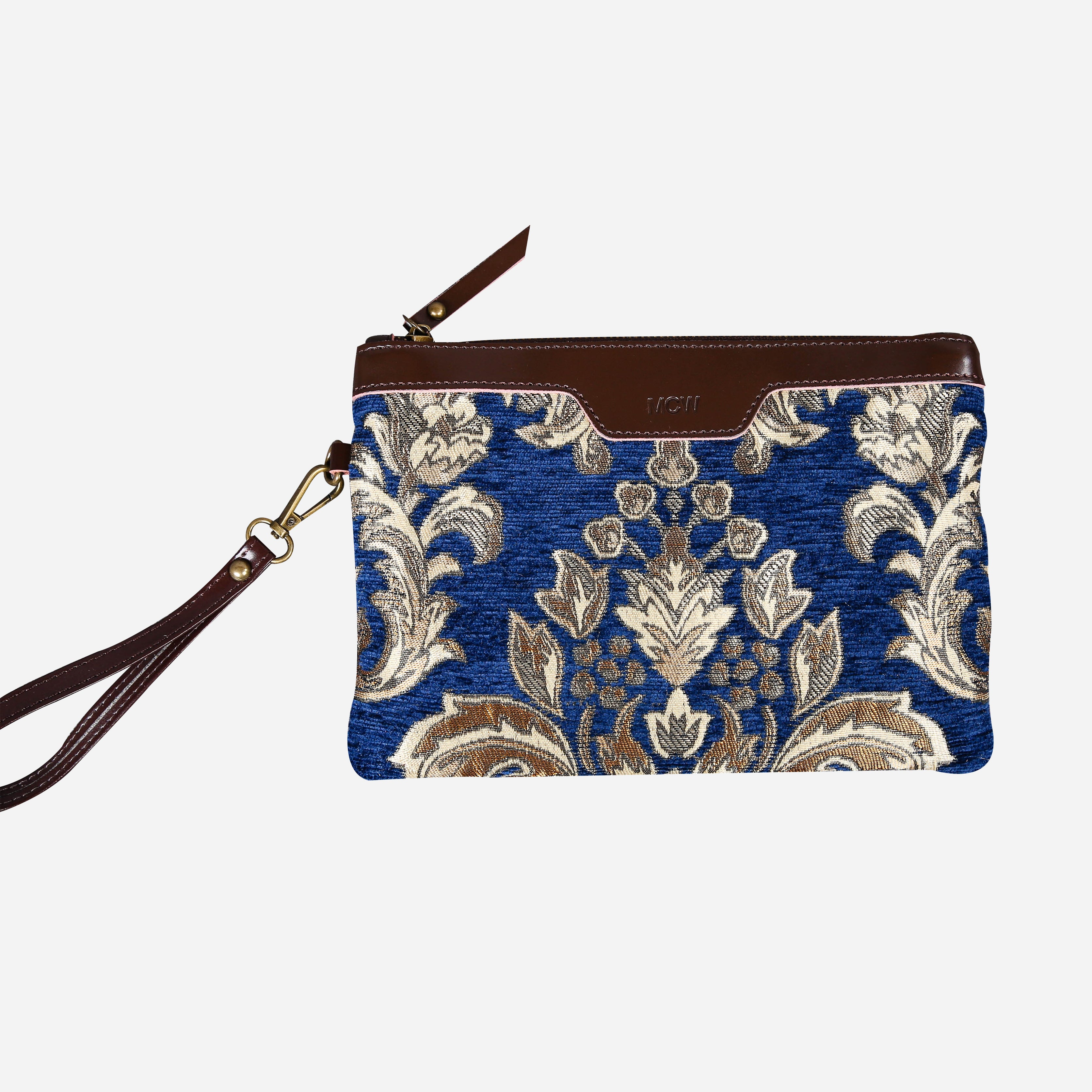 Victorian Blossom BLUE-GOLD Wristlet Clutch carpet bag MCW Handmade
