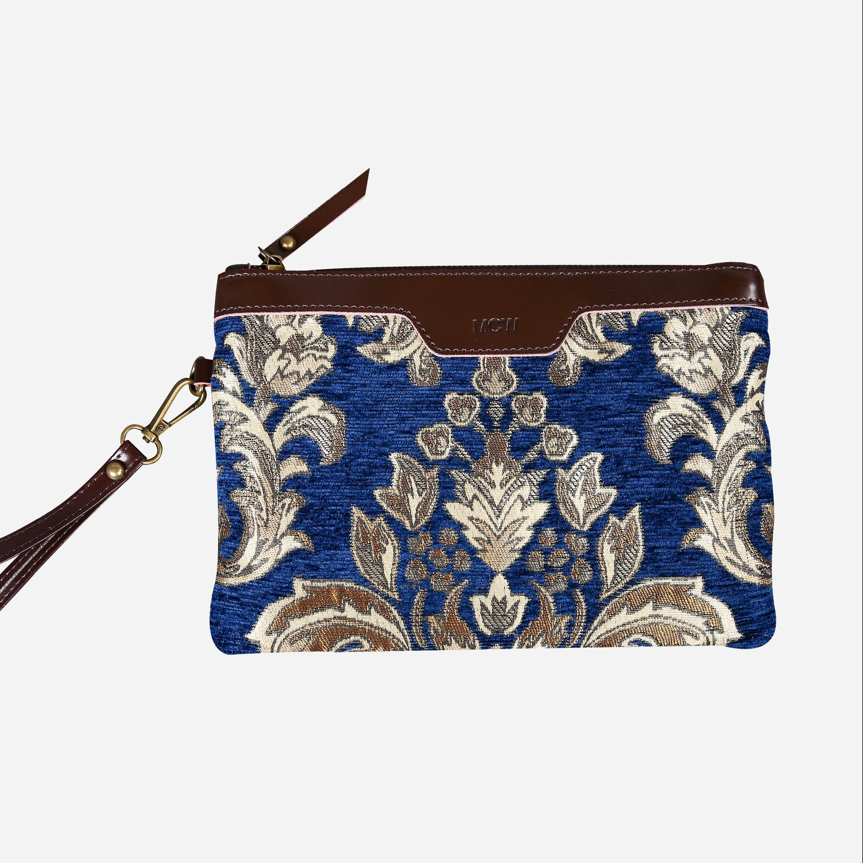 Victorian Blossom BLUE-GOLD Wristlet Clutch carpet bag MCW Handmade