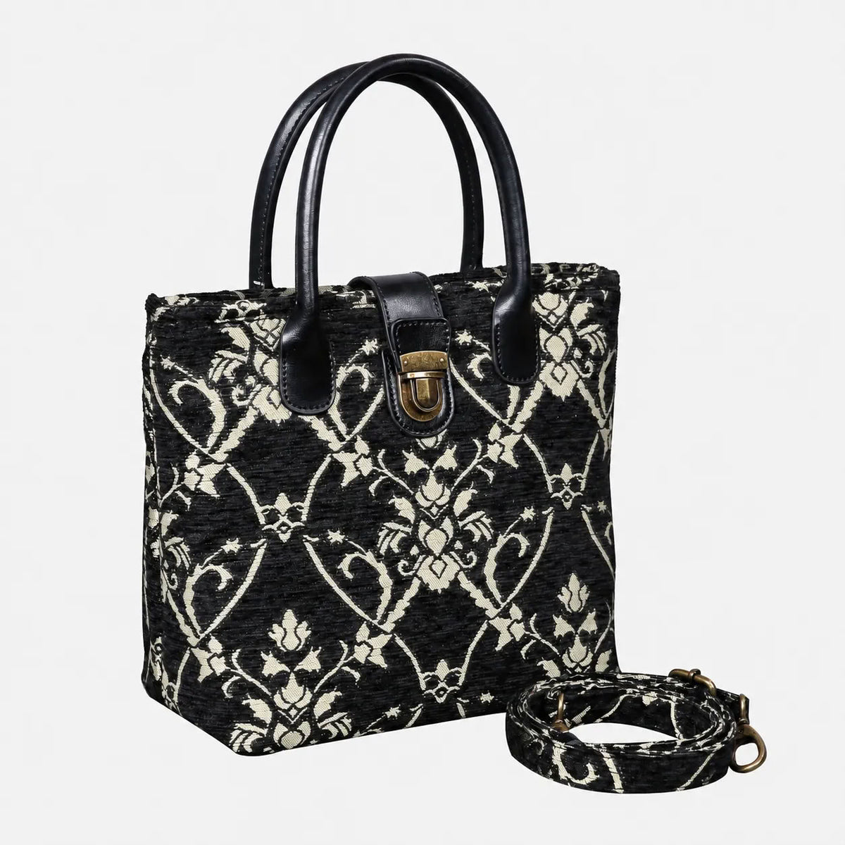 Carnaby Black/Dark Green Tuck Lock Carpet Satchel carpet bag MCW Handmade of America with strap