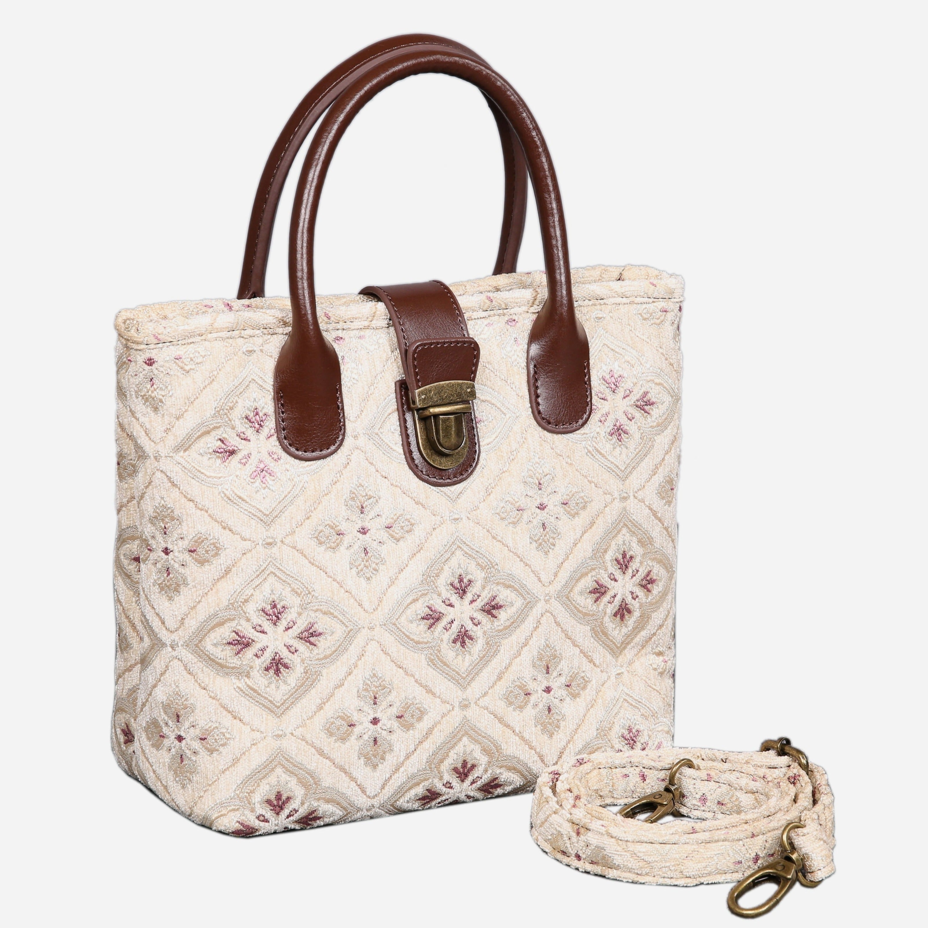 Ethnic Cream Tuck Lock Carpet Satchel carpet bag MCW Handmade of America with strap