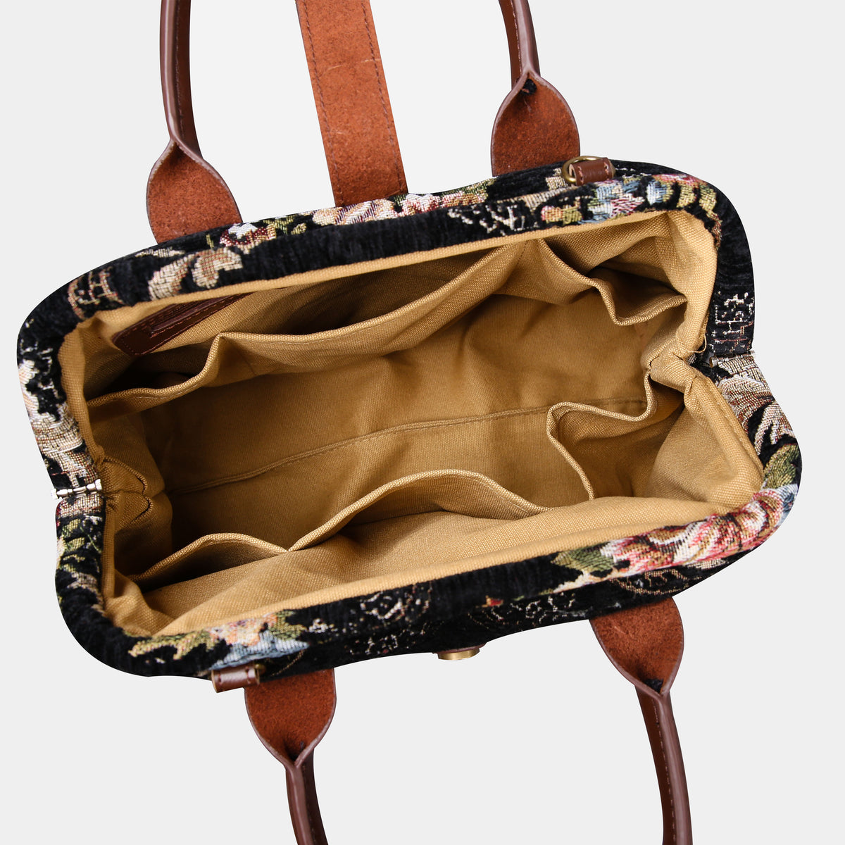 Floral Black Leather Brown Carpet Handbag Purse carpet bag MCW Handmade of America open