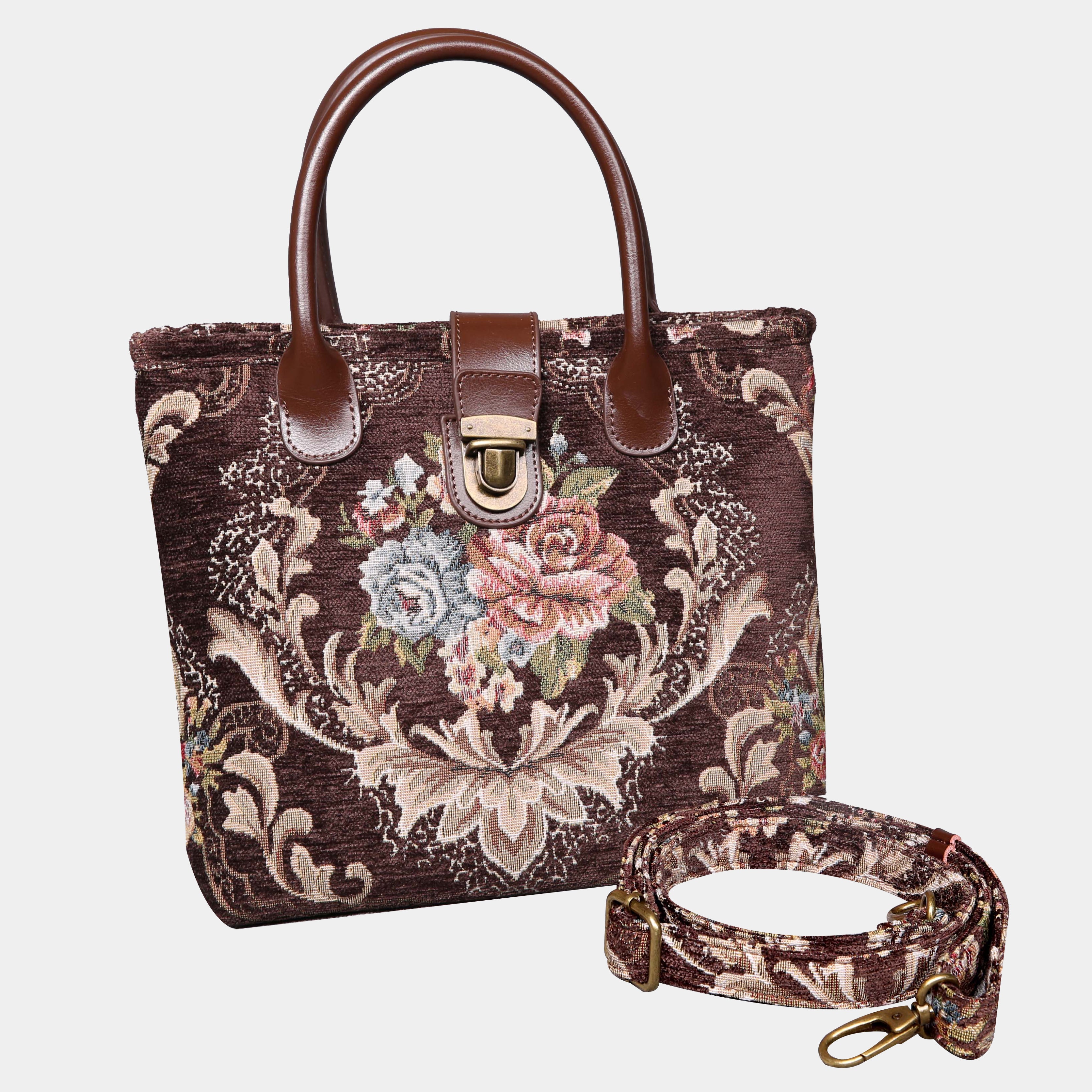 Floral Coffee Tuck Lock Carpet Satchel carpet bag MCW Handmade of America with strap