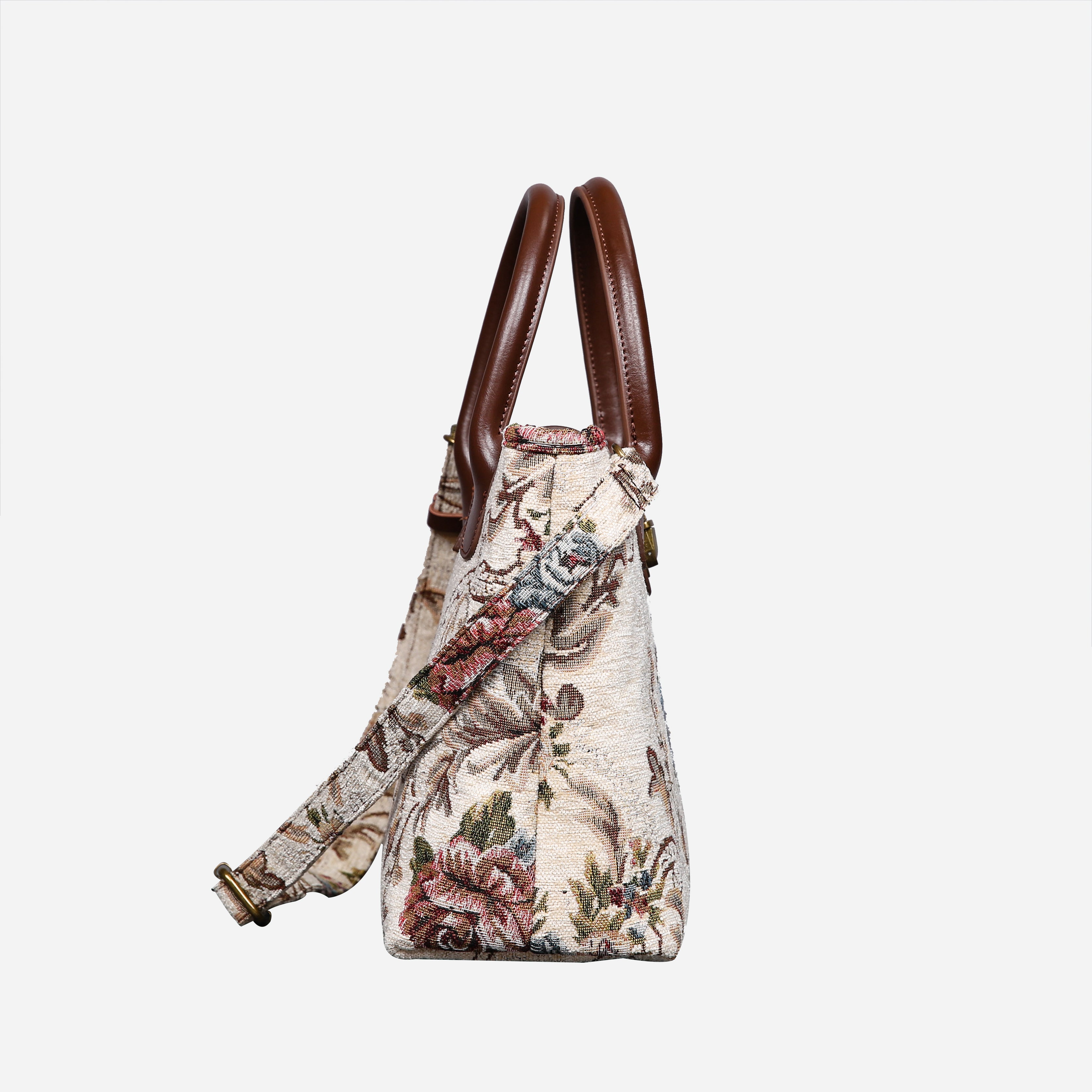 Floral Cream Tuck Lock Carpet Satchel carpet bag MCW Handmade of America side