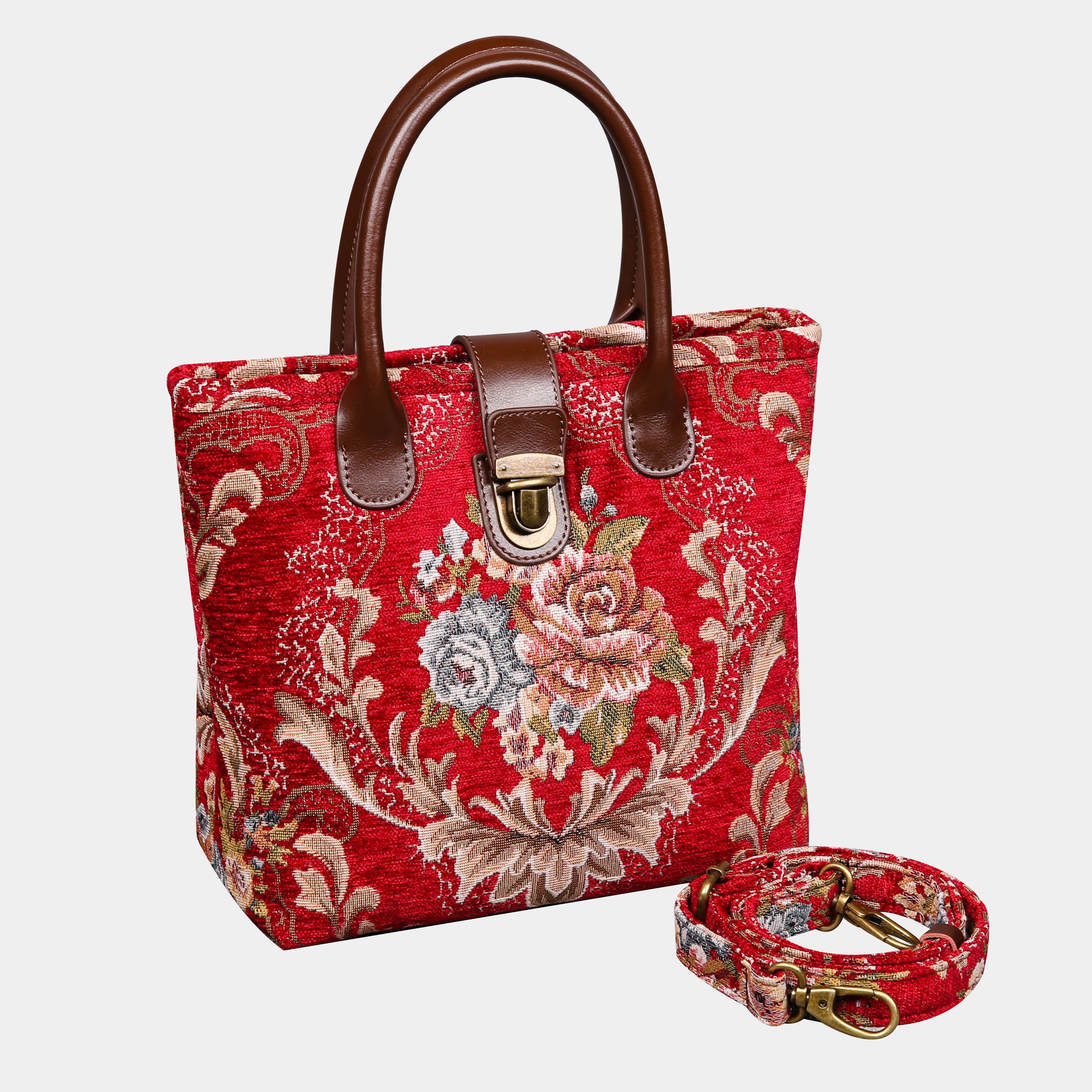 Floral Wine Tuck Lock Carpet Satchel carpet bag MCW Handmade of America with strap