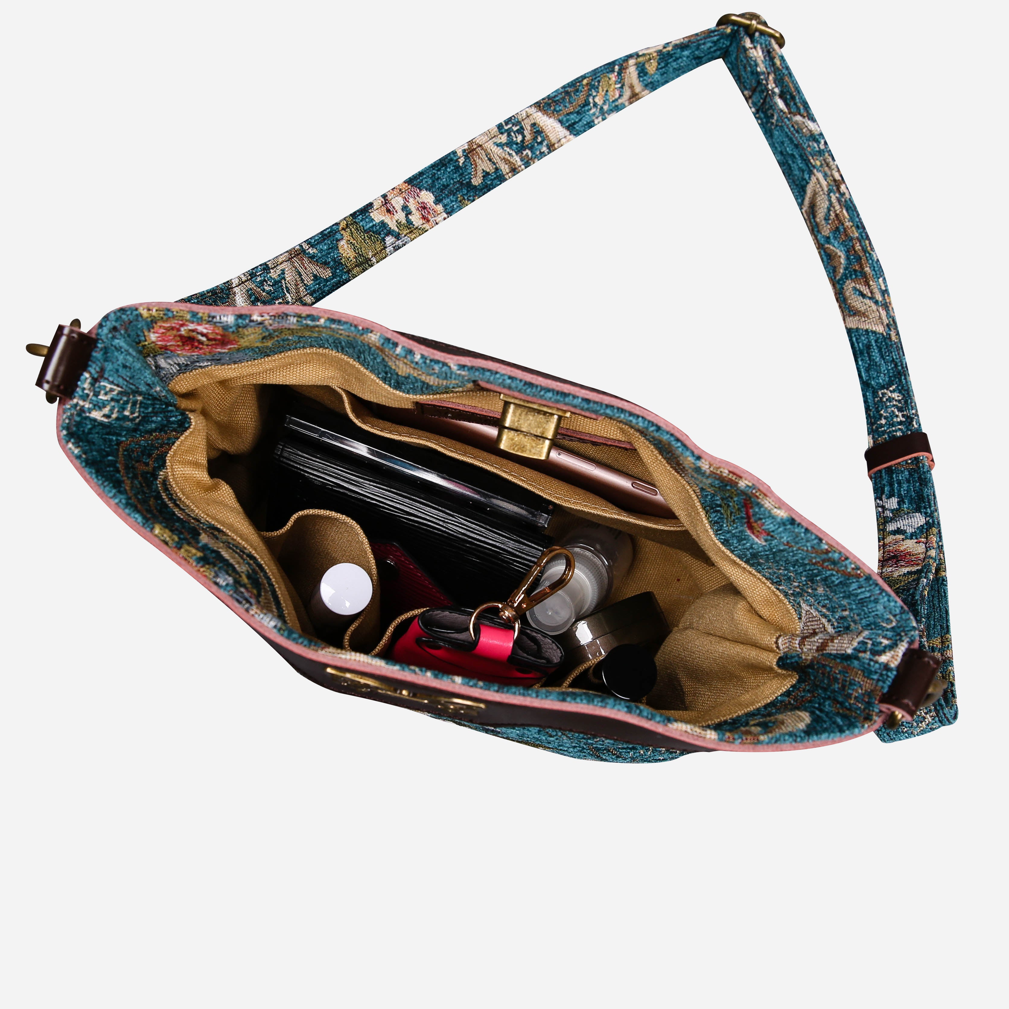 Floral Teal Butterfly Crossbody Bag Carpetbag of America in use