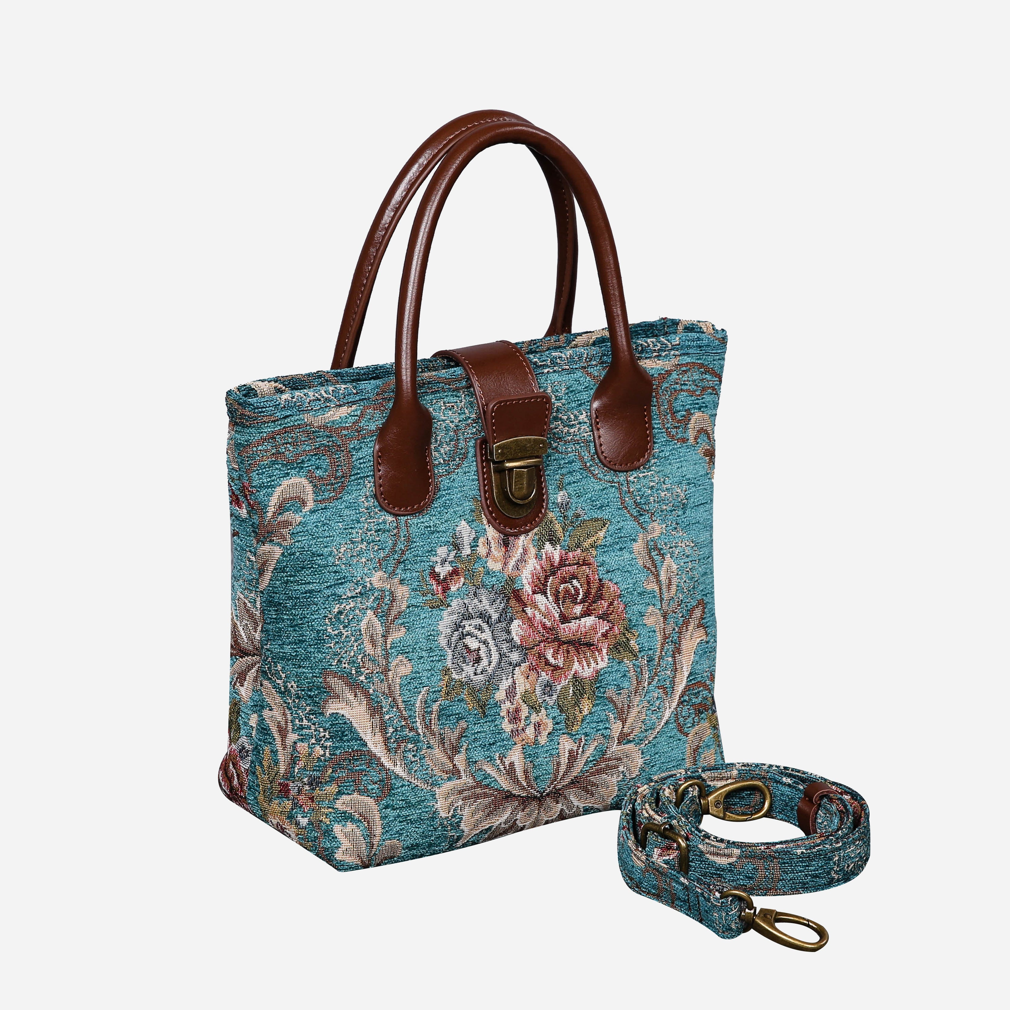 Floral Teal Tuck Lock Carpet Satchel carpet bag MCW Handmade of America with strap