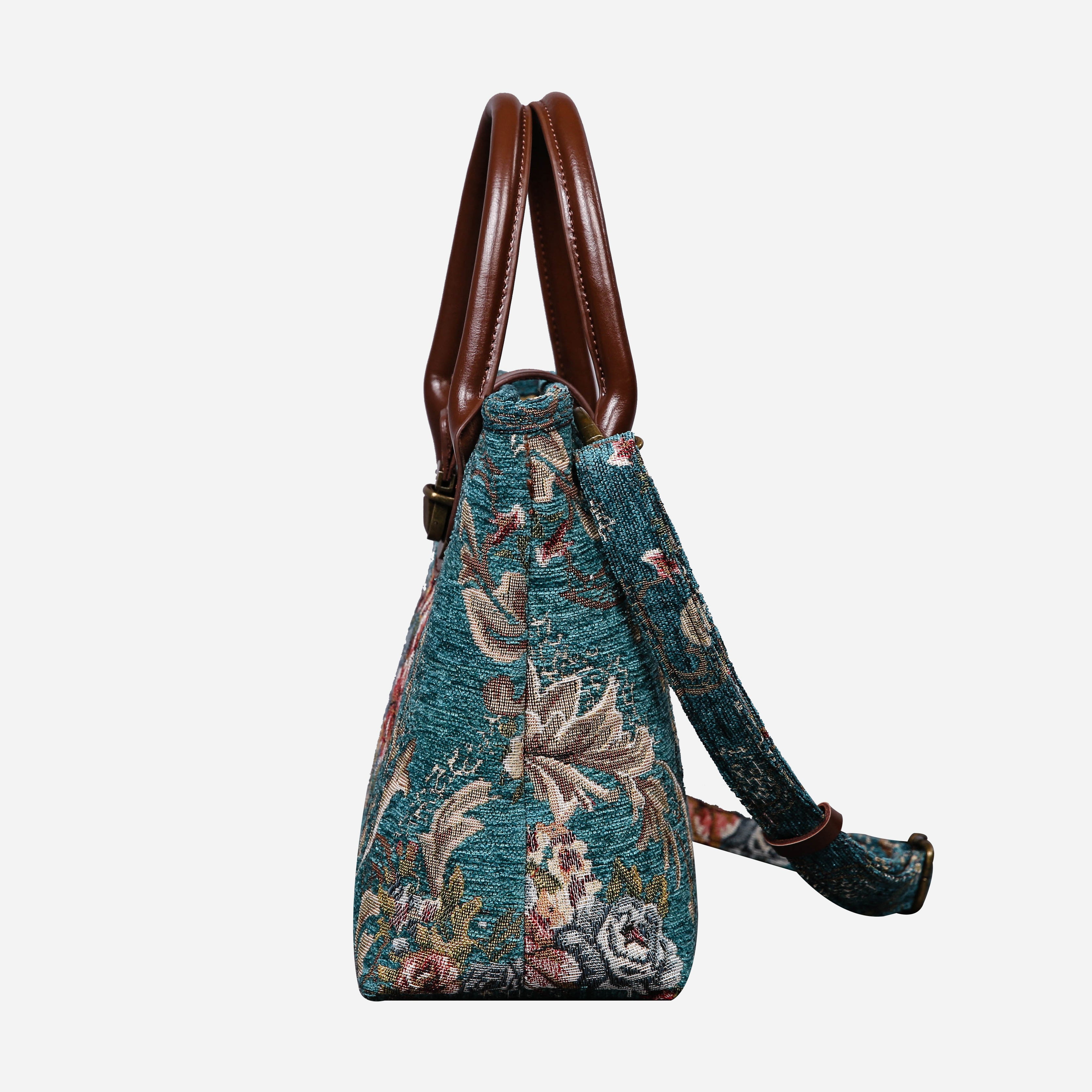 Floral Teal Tuck Lock Carpet Satchel carpet bag MCW Handmade of America side