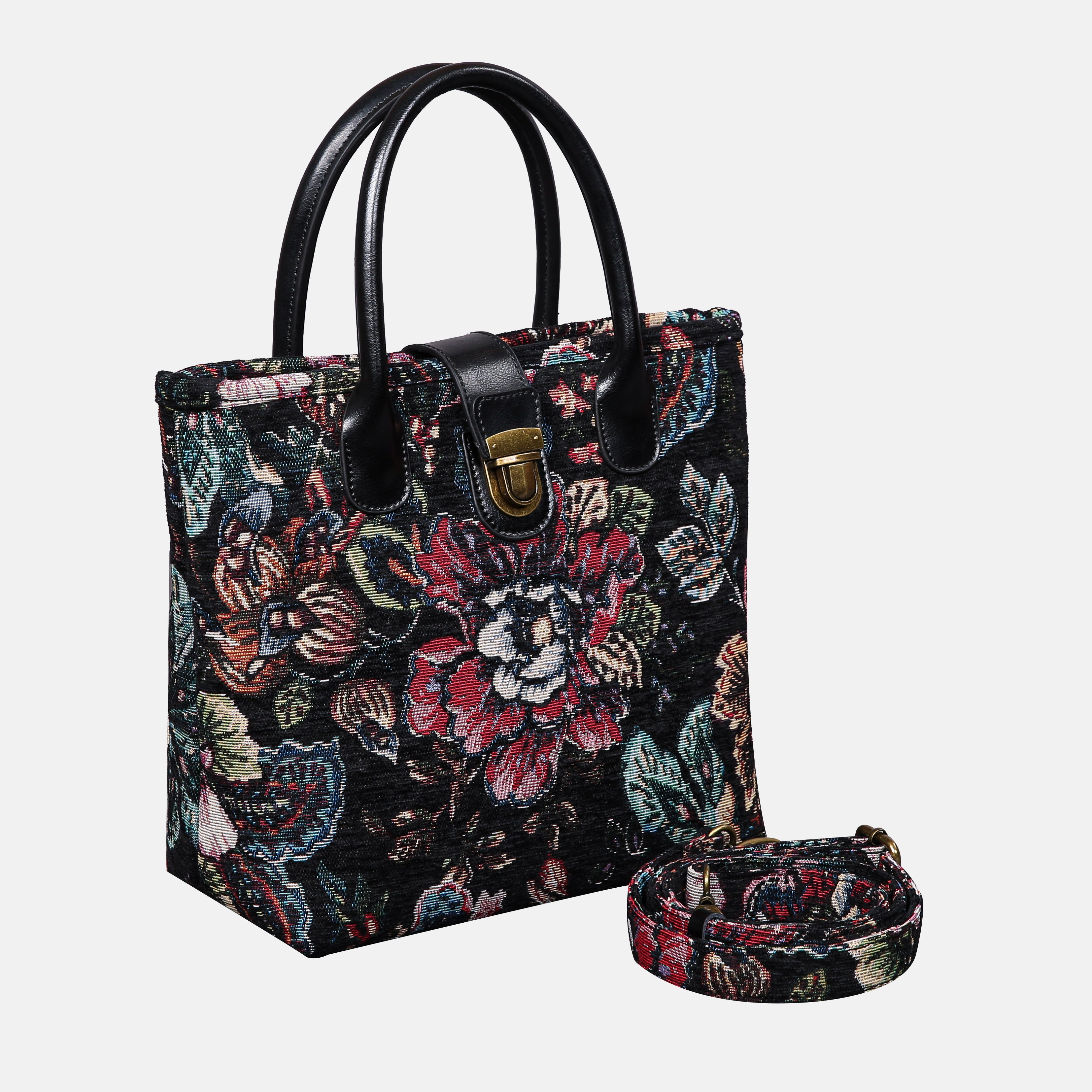 Rose Garden Black Tuck Lock Carpet Satchel carpet bag MCW Handmade of America with strap